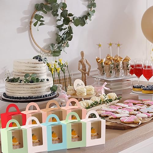 Miniatura 7 de Ctosree 60 cajas individuales para cupcakes, contenedores individuales coloridos para cupcakes con ventana de inserción y asa, soportes para