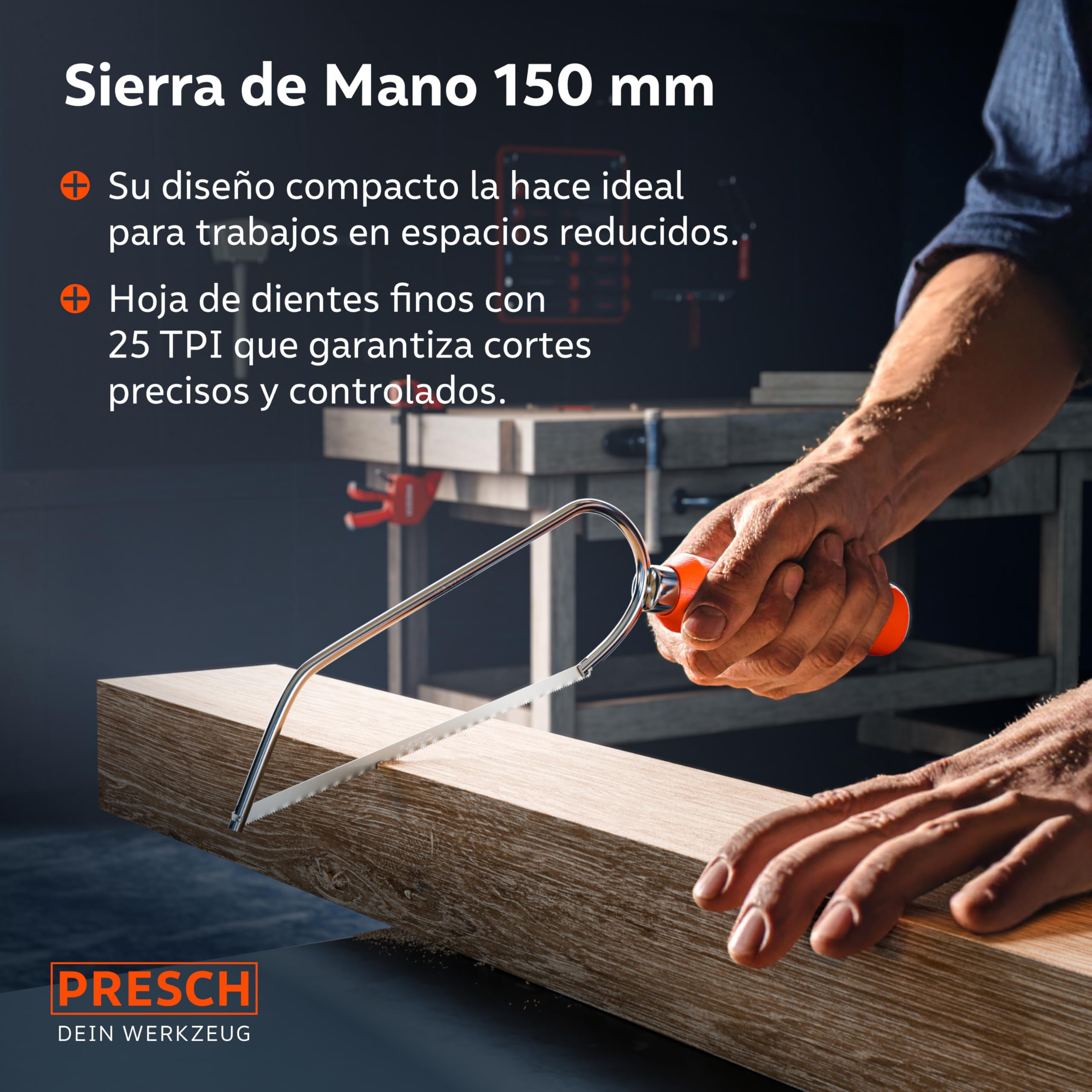 Presch Sierra de arco plegable PUK 150mm incl. hoja de sierra universal - Sierra plegable PUK con mango ajustable - Sierra pequeña para metal no ferroso, plástico, aluminio, todas las maderas