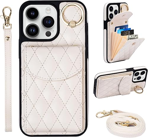 Keallce Funda para iPhone 15 Pro Max de 6.7 pulgadas, cartera cruzada con ranuras para tarjetas de bloqueo RFID, soporte de anillo, funda protectora