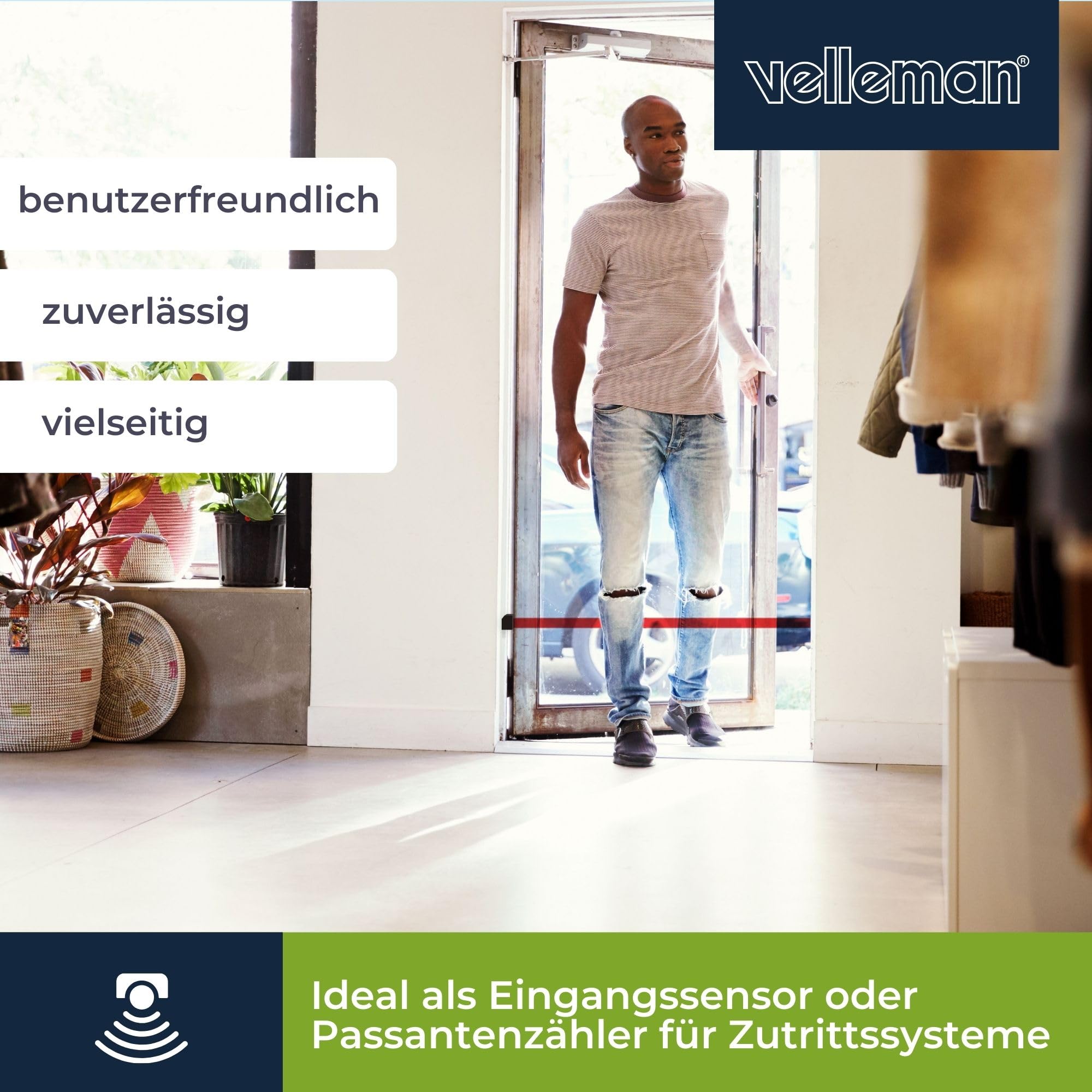 Velleman Kabelgebundene IR-Lichtschranke, 7 m Reichweite, IP44, Infrarot-Zugangsmelder mit 12 V Stromversorgung, einstellbarem Alarm-Lautsprecher und fotoelektrischer Technologie für Zugangskontrolle