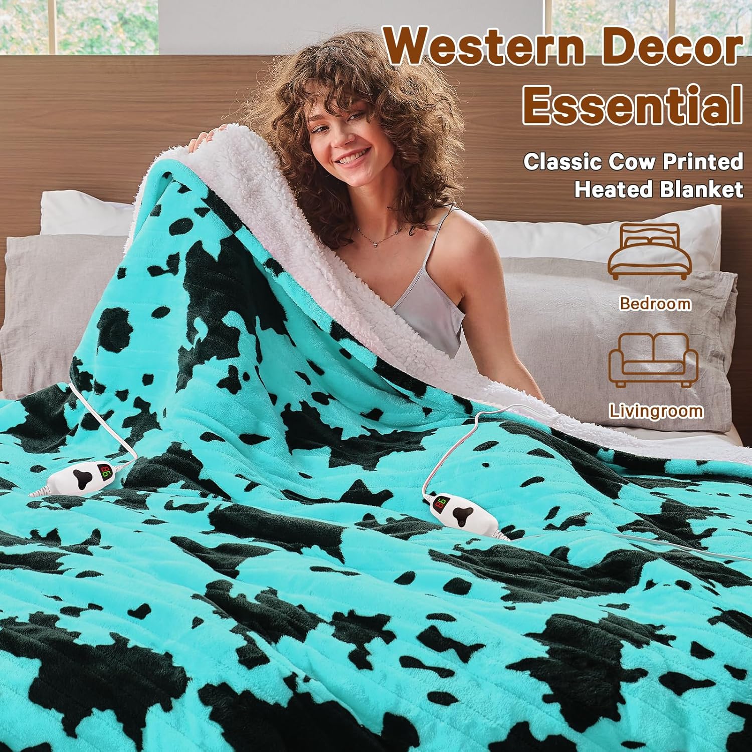 Cow Print Heated Electric Blanket Throw,50X60 Green Heating Blanket with 10 Heats Levels & 8 Hours Auto Off,Highland Cow Decor Stuff Fleece Sherpa Blankets Warmer Gifts for Women Adults Washable - Image 5