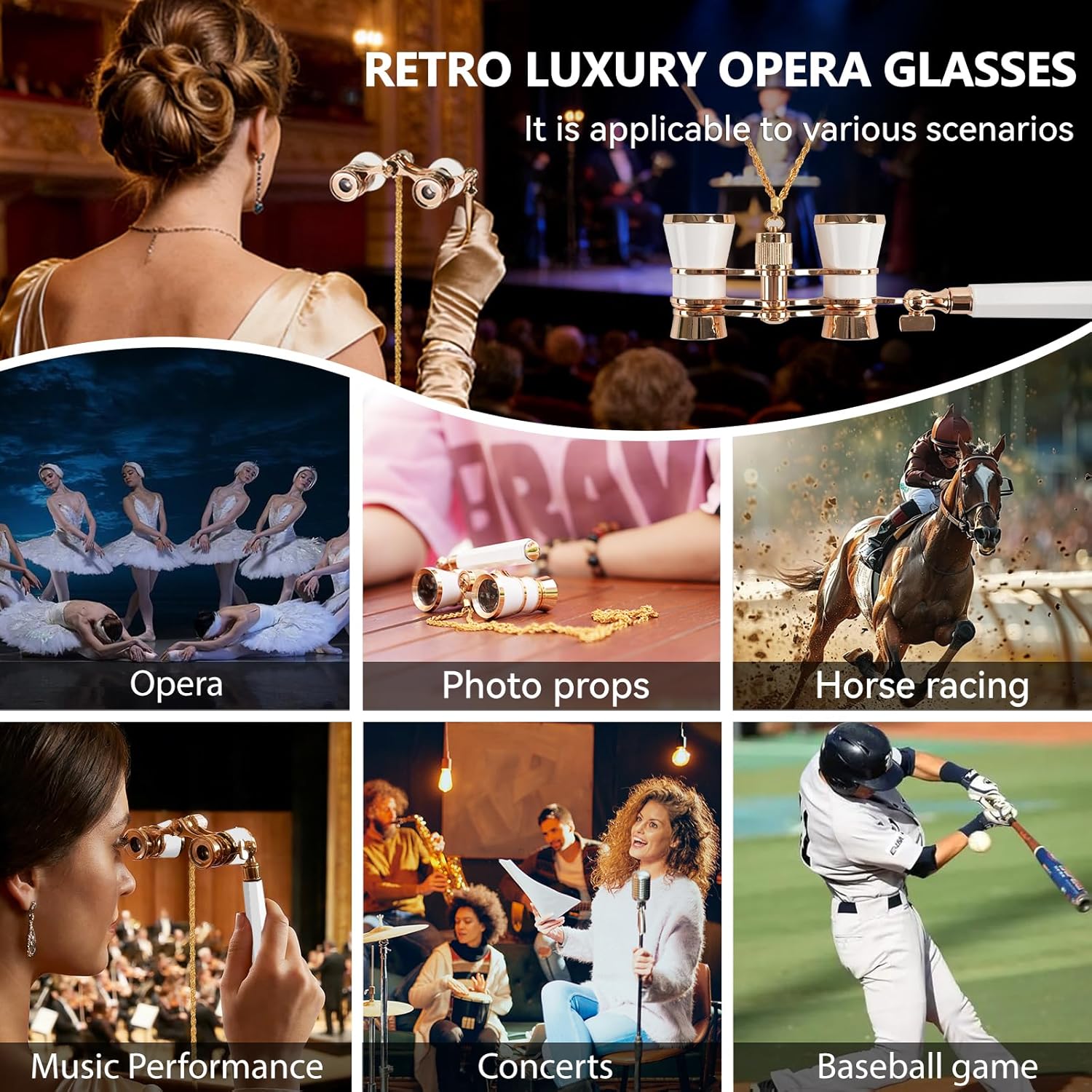 Opera Glasses, 3X25 Theater Binoculars Compact with Adjustable Handle & Chain, Portable Vintage Theater Glasses Mini Binoculars for Adults Women Kids for Concerts Opera Houses Cinema(White)