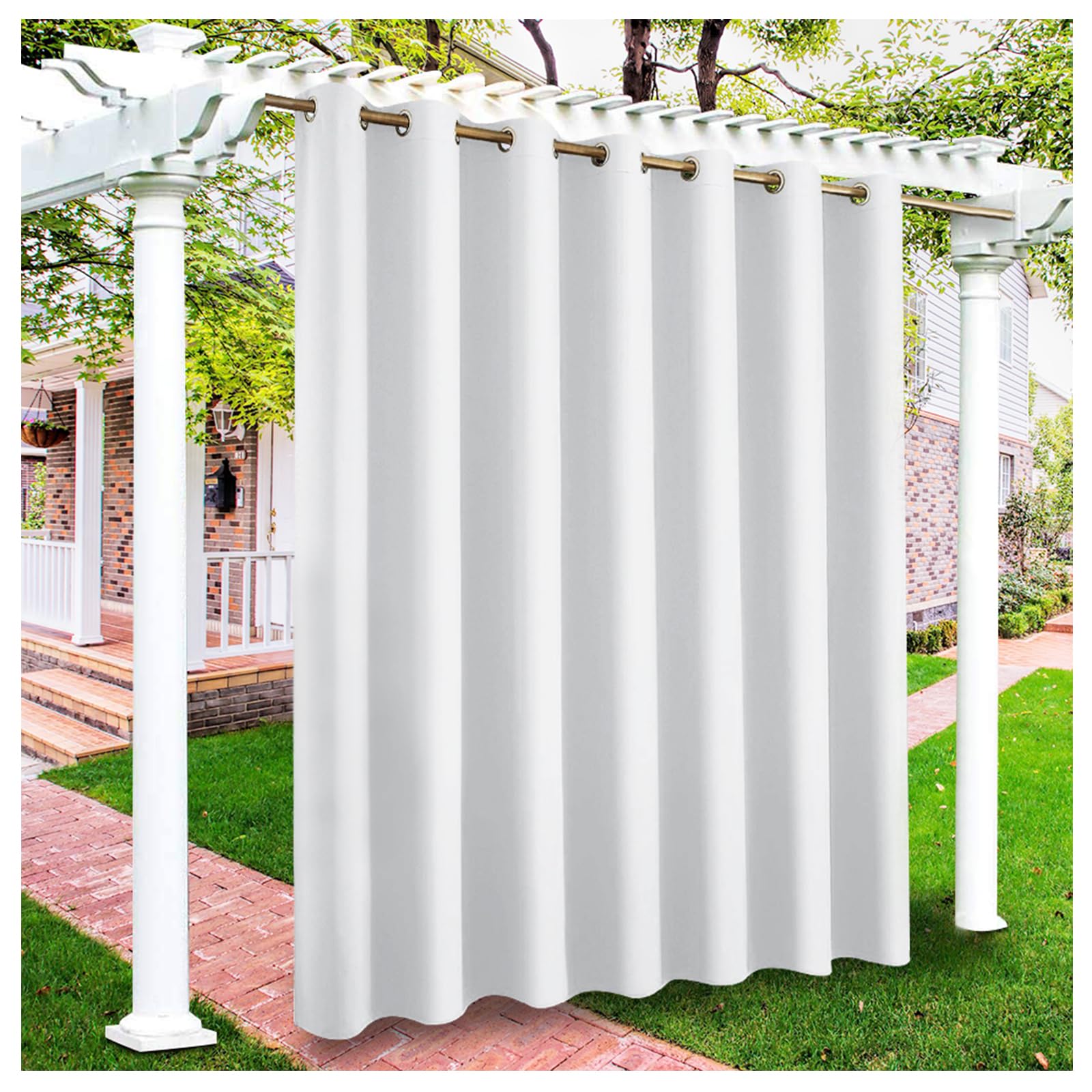 Mewkew Waterproof Outdoor Patio White Curtains Sunshade Blackout Thermal Insulated Curtains Rustproof Grommet Top Privacy Garden Curtain for Porch Gazebo Pergola Canopy Drape (1 Panel,W 48"×L 100")