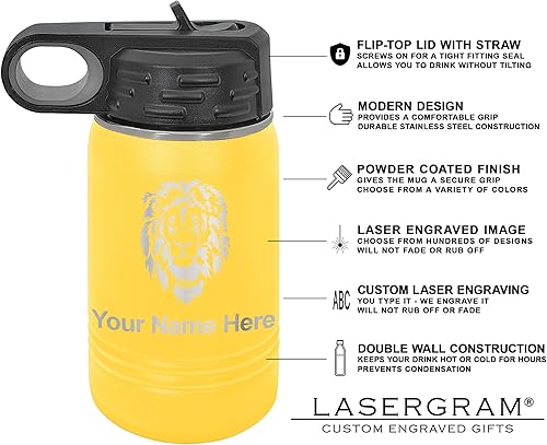 Vista 218 de LaserGram Botella de agua personalizada, palitos de lacrosse, acero inoxidable de doble pared aislada al vacío con popote superior, regalo grabado