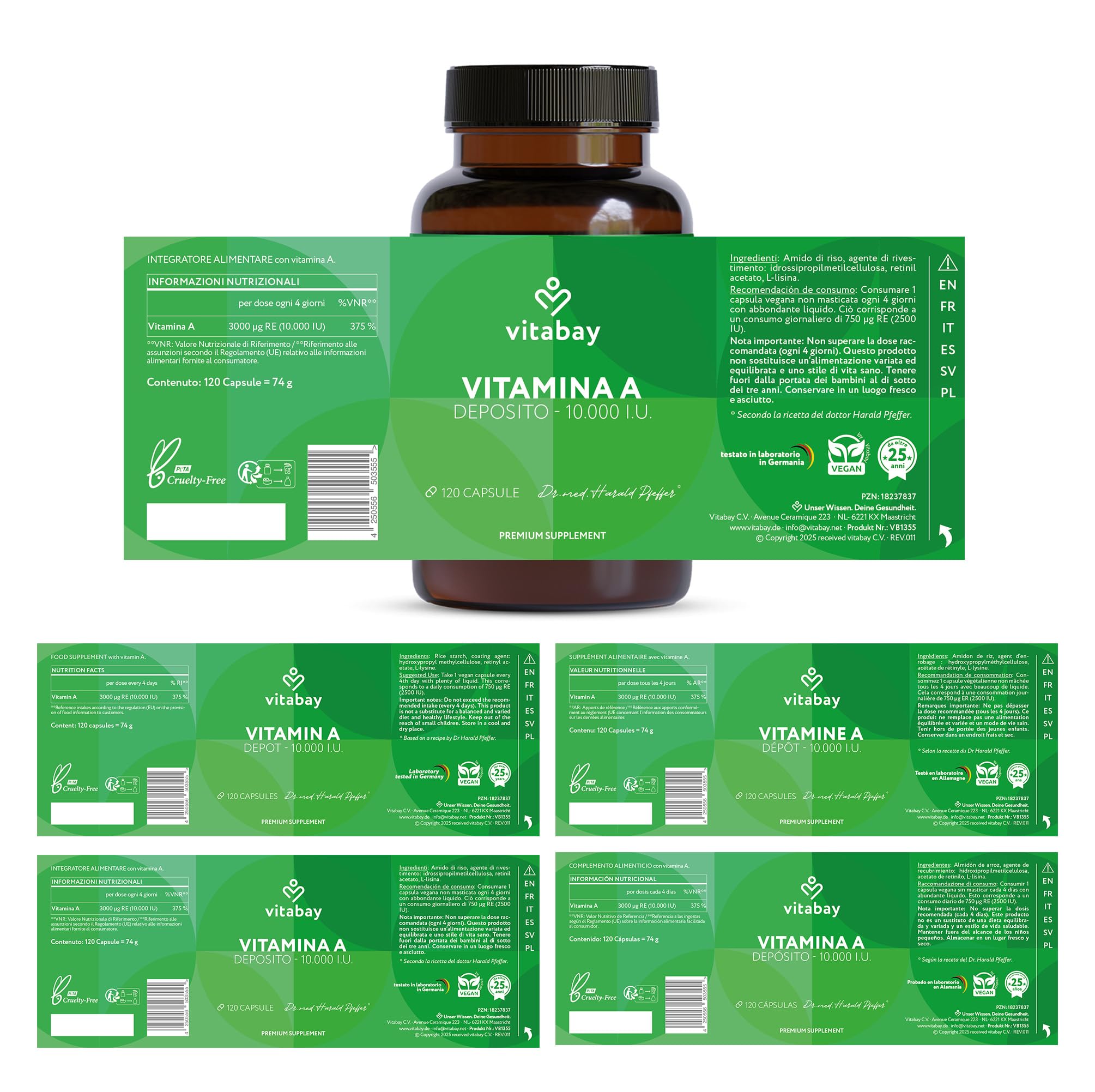 Vitabay Vitamina A capsule ad alto dosaggio – 120 capsule vegane di vitamina A retinolo 10000 UI – Vitamine A per occhi, pelle e sistema immunitario – Vit A Vegan – Testato in laboratorio