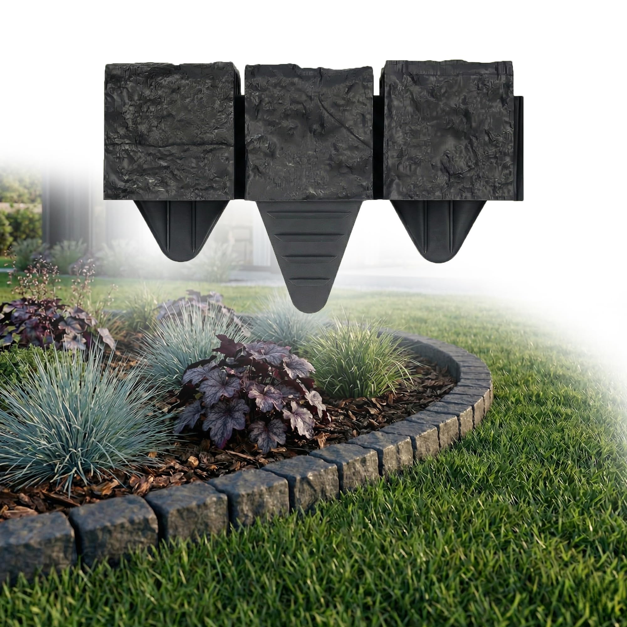 GARDENIX Anthracite Granite-Style Lawn Edging - 2.4m/7ft Flexible Garden Edging for Flower Beds, Lawn, Patio & Pavement - Easy Install border,Weather-Resistant Plastic, Stone Effect Garden Fence