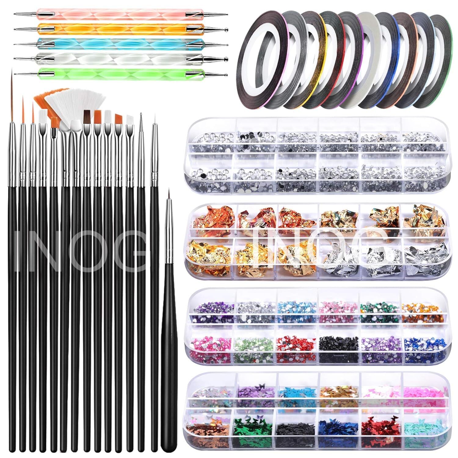 INOG Nail Art Decorations Kit, Nail Art Brush with Nail Pen Designer Dotting Tools Colors Holographic Butterfly Nail Glitter Foil Flakes Nail Tape Strips and Multi-Color Nails Rhinestones-image-32