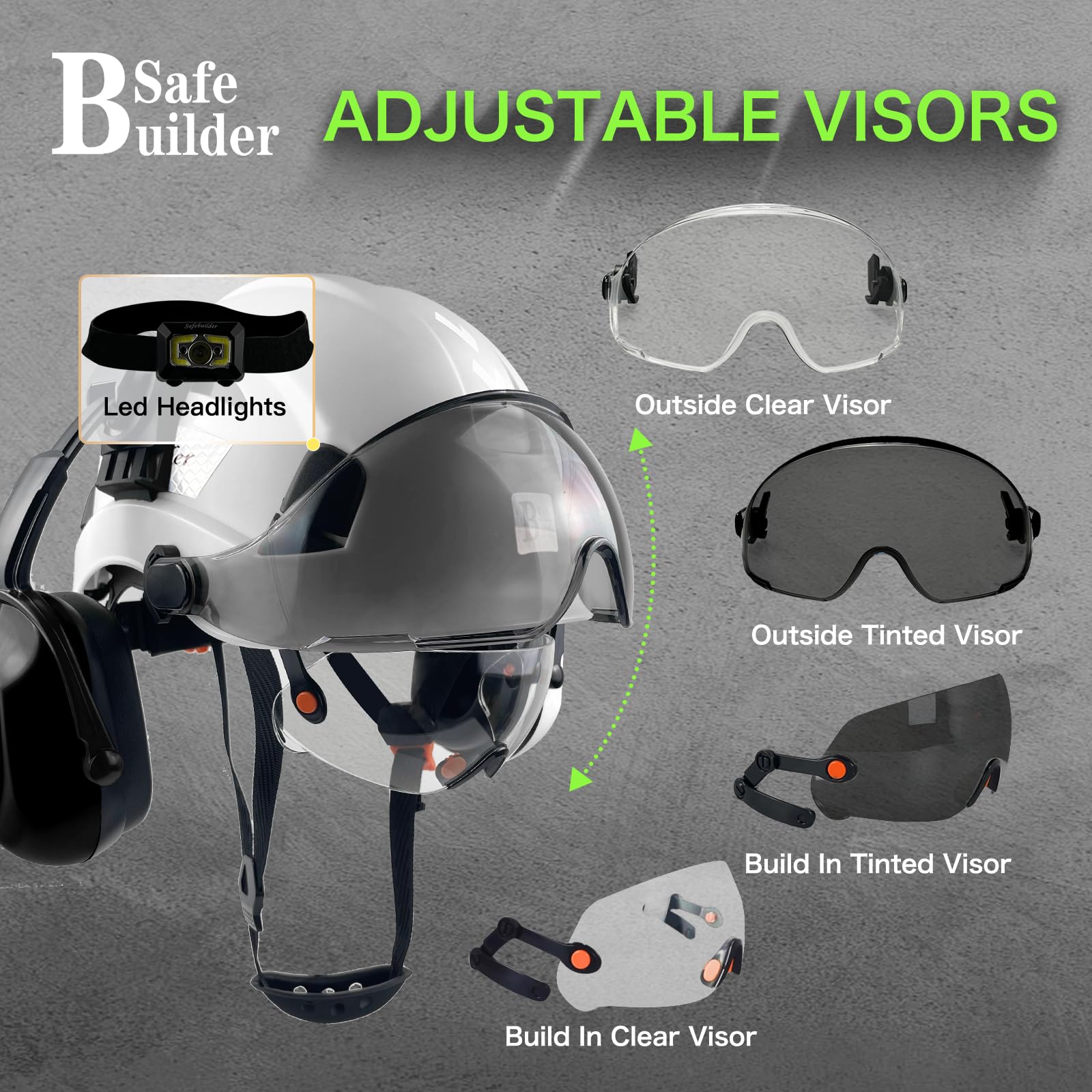 SAFEBUILDER Bauschutzhelm mit Visieren, klare und getönte Ohrenschützer, Gehörschutz, Industrie, Arbeit, Schutzhelm für Ingenieure (weißer Helm mit klarem und getöntem Visier und Ohrenschützern)