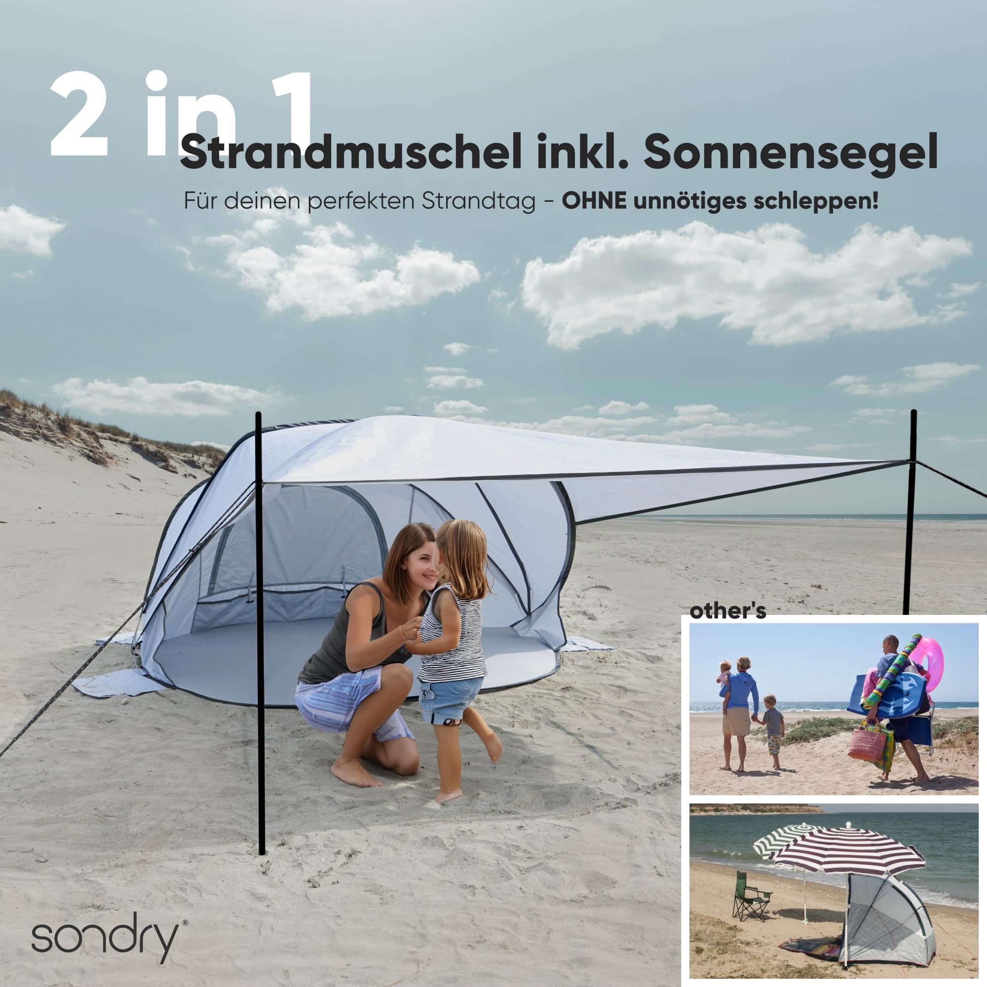 Strandmuschel Pop Up 3-4 Personen mit Sonnensegel | UV Sonnenschutz UPF 50+ | für Familien, Strand, Camping, Garten und Angeln