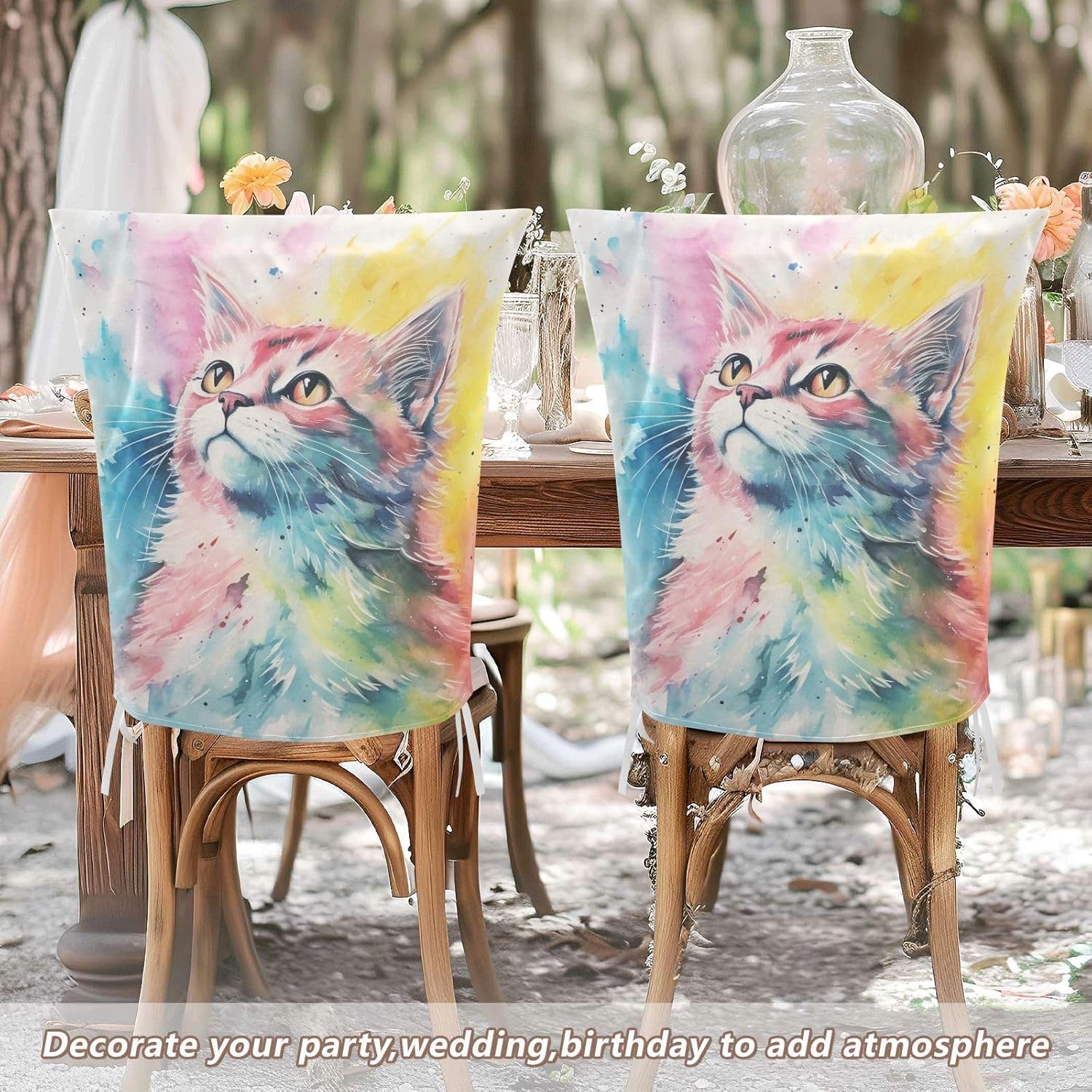 ALAZA Rainbow Color Cat Chair Back Cover Set of 6, Washable Reusable Removable Chair Slipcovers Decorative Chair Cover for Home Kitchen Wedding Party