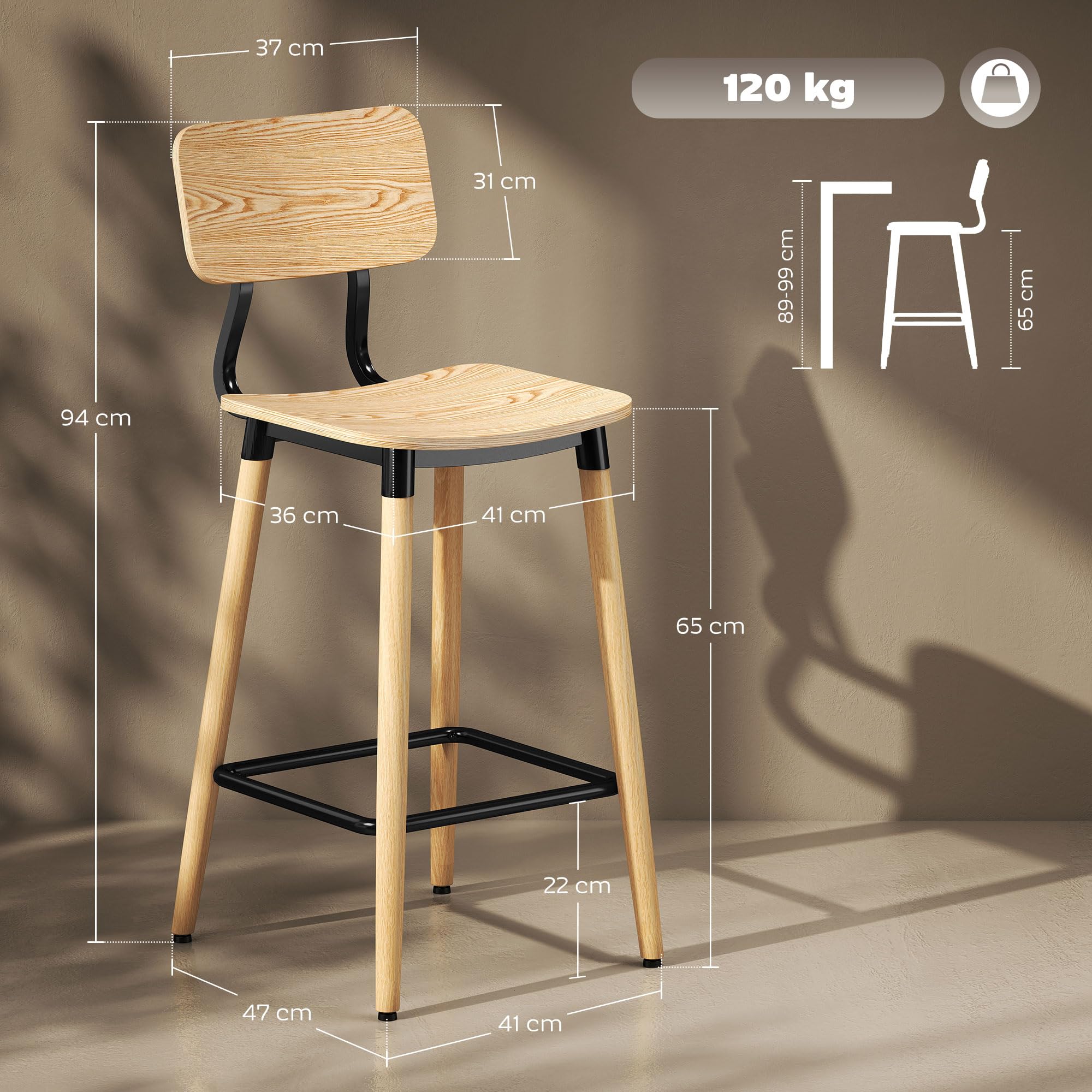 HOMCOM Barhocker 2er Set Barstuhl Tresenhocker mit Rückenlehne und Fußstütze, Küchenstühle mit Stahlbeine für Küche, Wohnzimmer, Esszimmer Natur