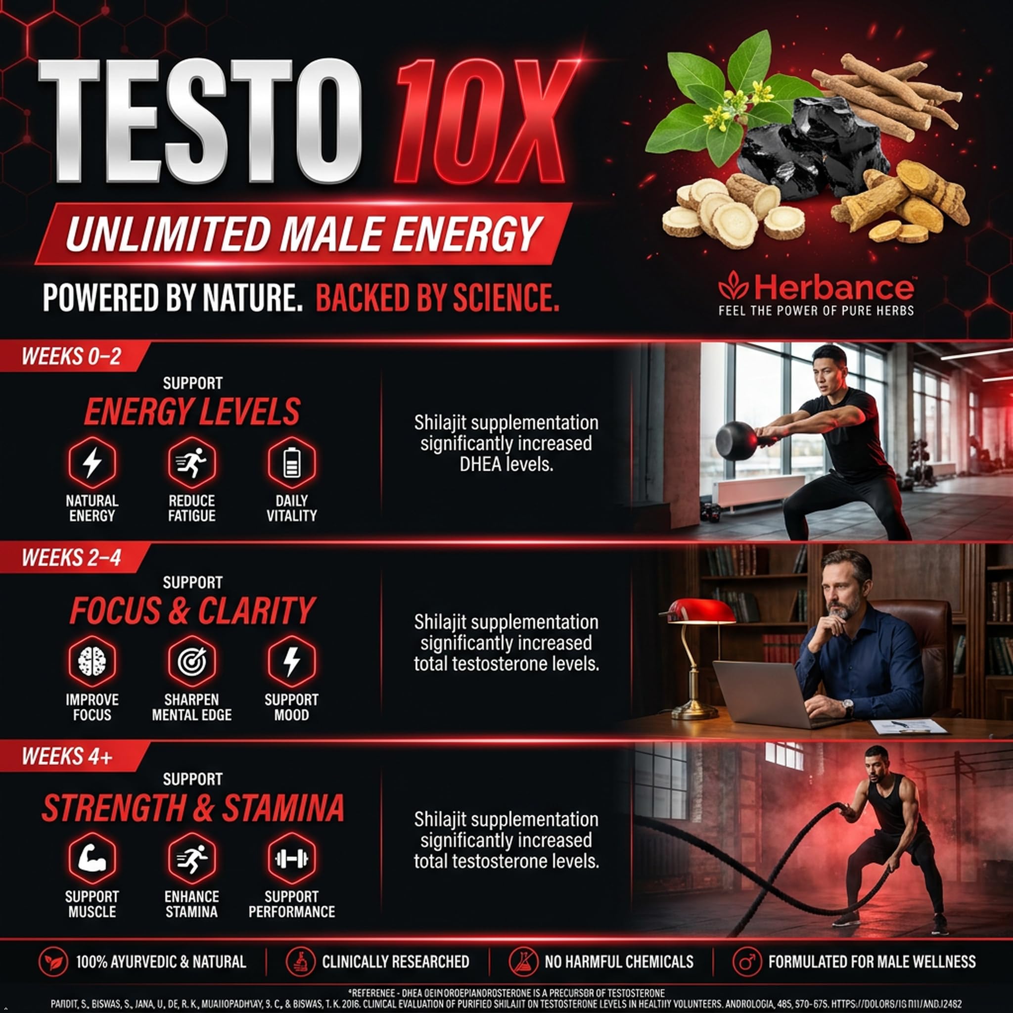 Testo 10X Ayurvedic Testosterone Support for Men | With Shilajit, Ashwagandha, Safed Musli, Kaunch Beej, Gokshura, Vidarikand & Akarkara | Supports Energy, Strength, Stamina, Vitality & Performance |60 Tablets | Pack of 1 — Amazon image 6
