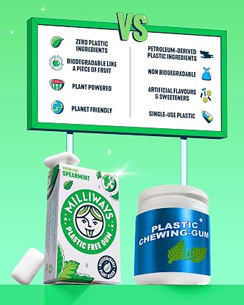 Milliways Spearmint Chewing Gum, Plastic Free, Sugar Free, Aspartame Free, Natural | 10 Packs of 30 Pieces (300 Pieces Total) | MEGA PACK | Xylitol, Plant-Based, Biodegradable
