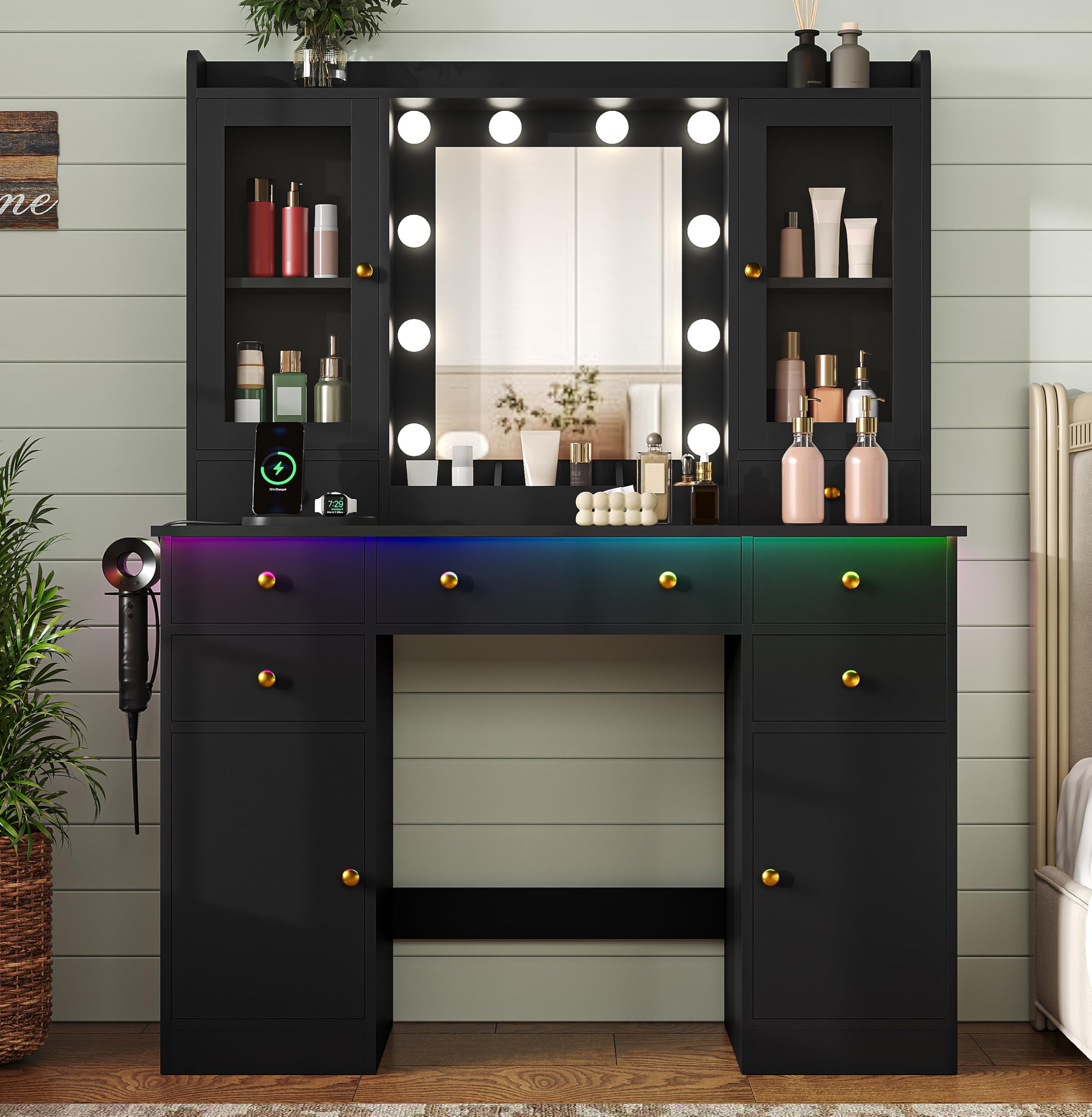 HUANLEGO Black Vanity Desk with Mirror and Lights for Girls Women