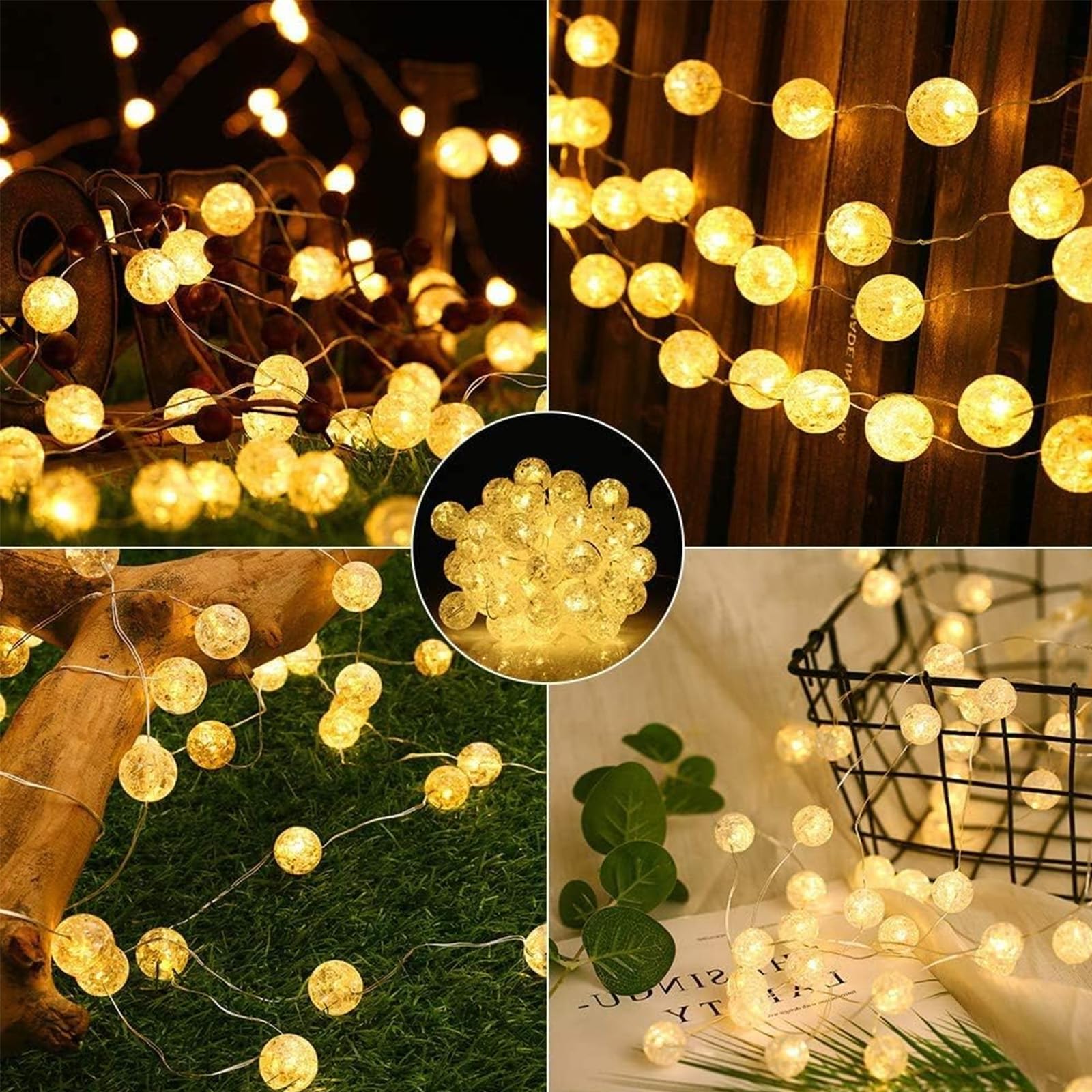ALEGRE Lichtsnoer met kristallen bollen met timer, 1 m, 10 leds, op batterijen, micro-koperdraad, crackle bal, lichtketting voor binnen, ballichtketting voor verjaardag, slaapkamer, kerstdecoratie