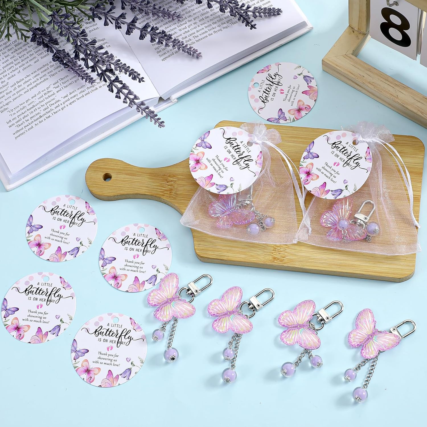 50 Set Baby Shower Favors for Guests Butterfly Keychain Bulk Thank You Cards Bag Baby Shower Return Gifts (Purple)