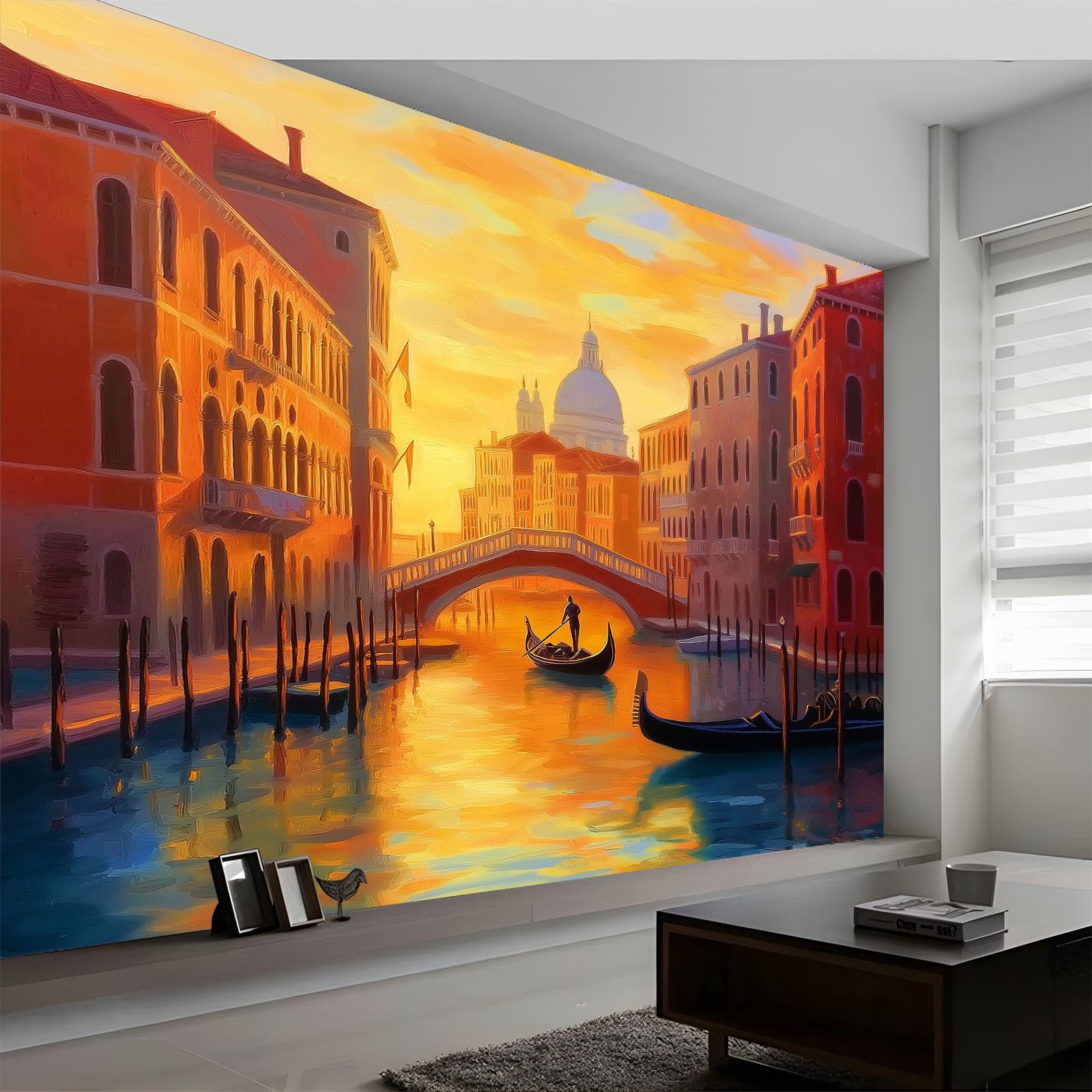 Panoramiczna tapeta 200 x 140 cm Architektura Miejska Kanał Zachodu Słońca Włóknina XXL Mural Dekoracja ścienna Gobelin Fototapeta Salon Sypialnia - Tapeta Trompe l'eil Efekt 3D, kolor pomarańczowy