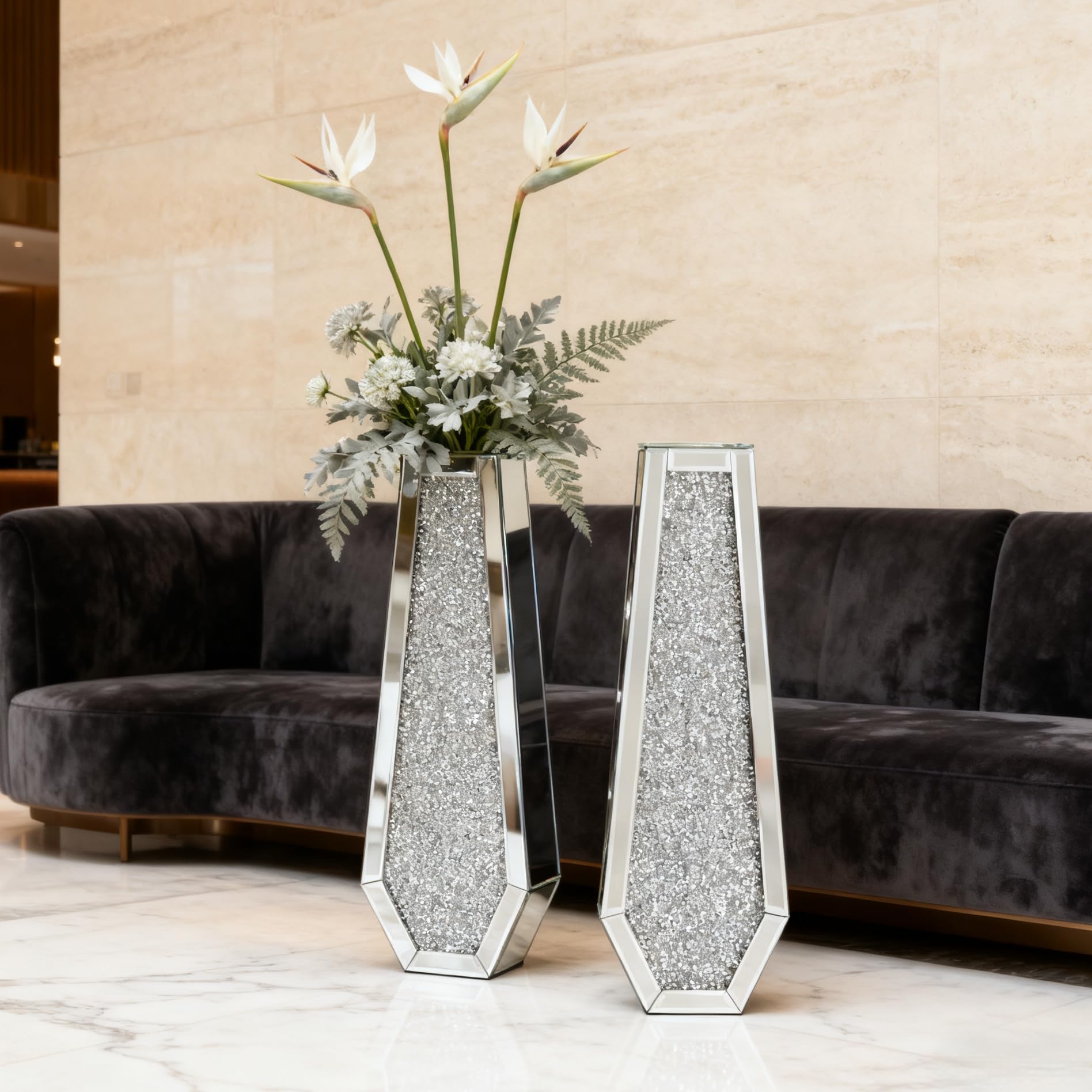 SHYFOY Jarrón alto de diamante triturado, jarrones altos de cristal plateado para decoración de suelo, jarrón de vidrio para decoración del hogar, decoración de oficina, 24 pulgadas