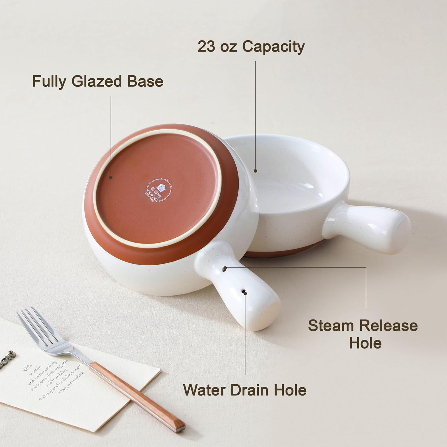 MALACASA 23 Oz French Onion Soup Bowls With Handles, Ceramic Soup Crocks for Cereal, Pasta, Beef Stew, Chilli, Oven Microwave Dishwasher Safe, Set of 4, White, Series TARA - Image 7