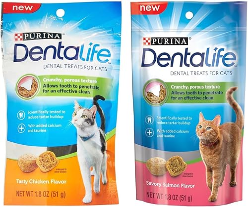 Purina Dentalife - Paquete de golosinas dentales para gatos salmón salado y pollo sabroso
