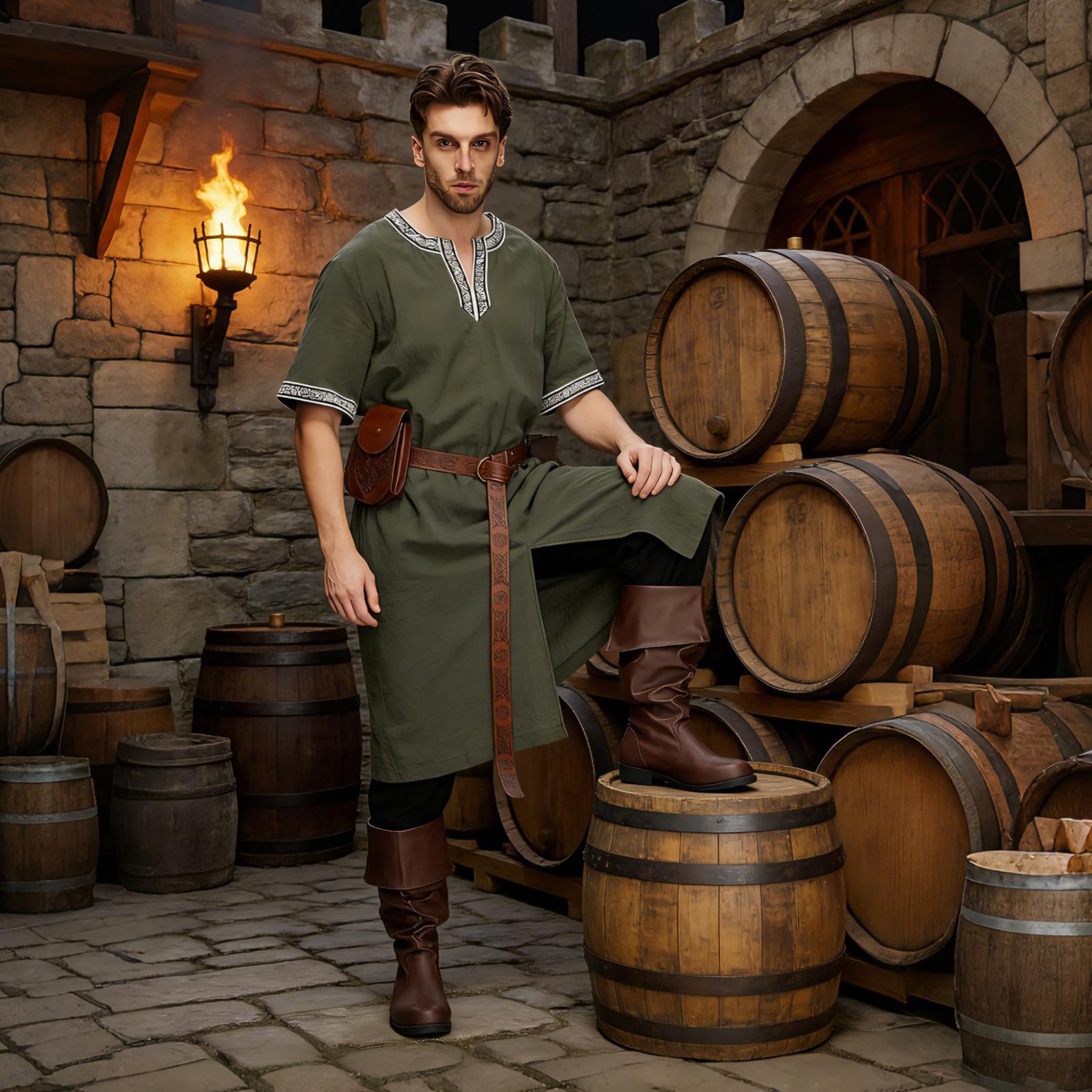 Mittelalter Kleidung Herren Set, 5 Stück Renaissance Kostüm, Kurzarm Tunika Hose mit Zubehör, Erwachsener Wikinger Viking Ritter Outfit für Halloween, Karneval, Mittelalterfest, Faschingskostüme