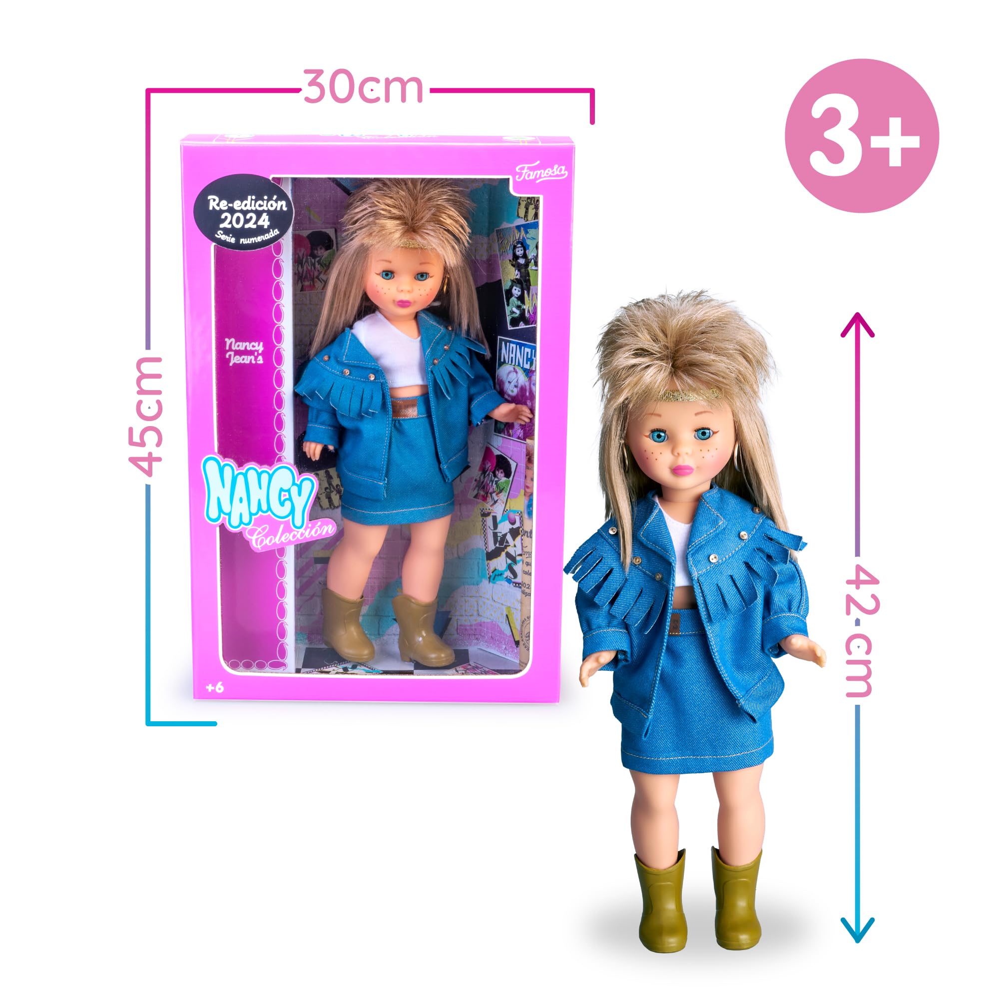Nancy Colección Jean's, Muñeca Rubia Reedición de 1989 con Conjunto Vaquero y Botas, Muñeca para Coleccionistas con Certificado Oficial, Famosa (NAC64000)