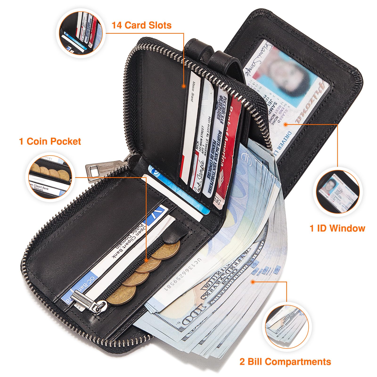 Zipper Wallet for Men, Genuine Leather Zipper Around Purse RFID Blocking Bifold ID Window,Zipper Wallet With Coin Pocket (Black)