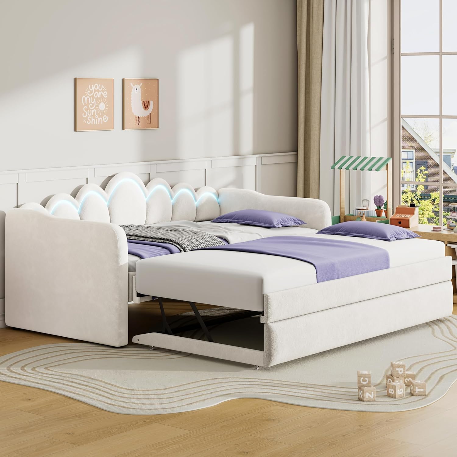 Merax Twin XL Daybed with Trundle and LED Lights, Upholstered Daybed Frame with Convertible Trundle (Flips to Low Profile), Space-Saving Bed for Guest Room/Dorm/Small Spaces, White