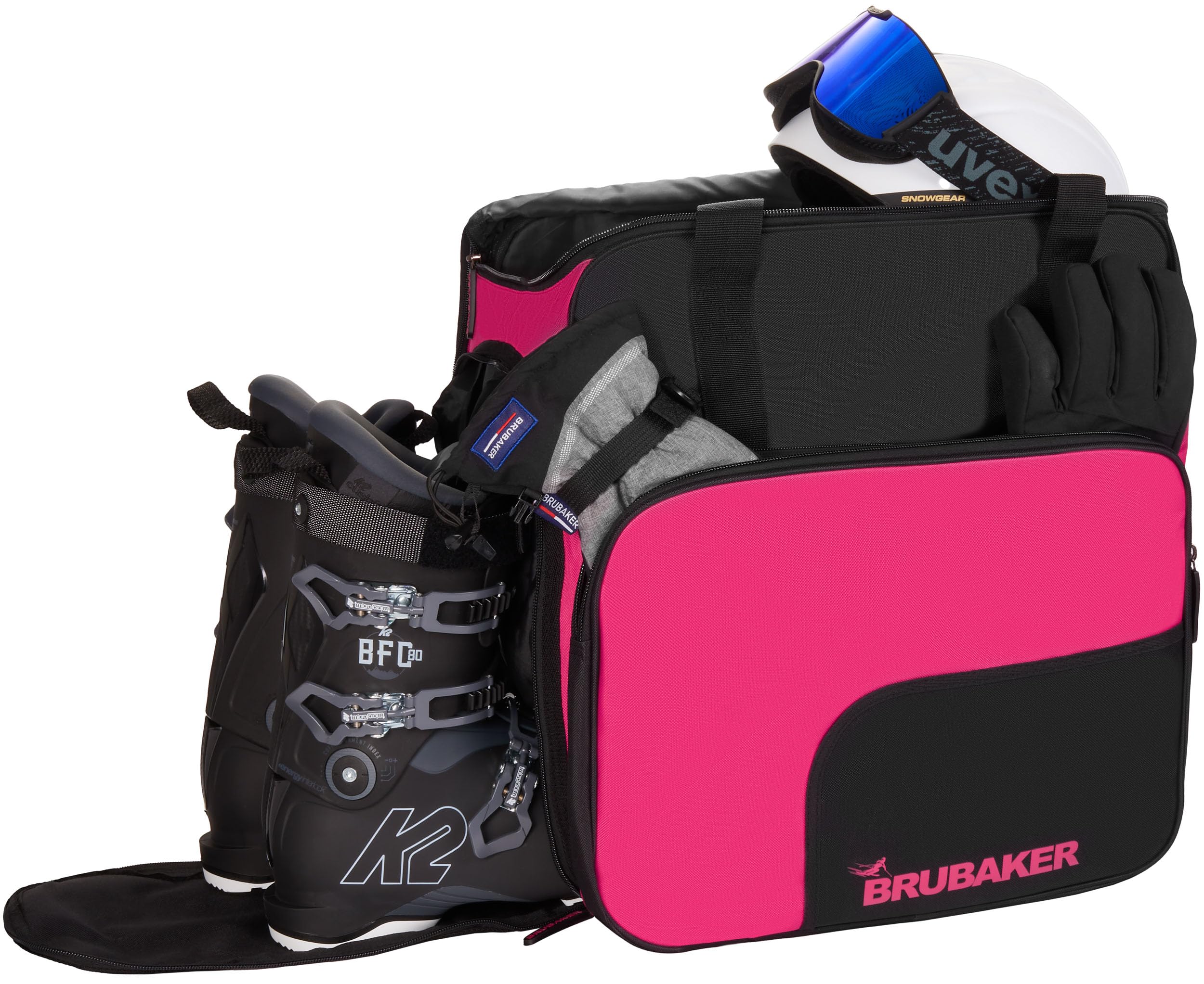 BRUBAKER Ski Kombi Set - Carver PRO - Skisack und Skischuhtasche für 1 Paar Ski 170 cm oder 190 cm + Stöcke + Schuhe + Helm - Rucksack Taschen Set für Skifahrer - Schwarz Pink
