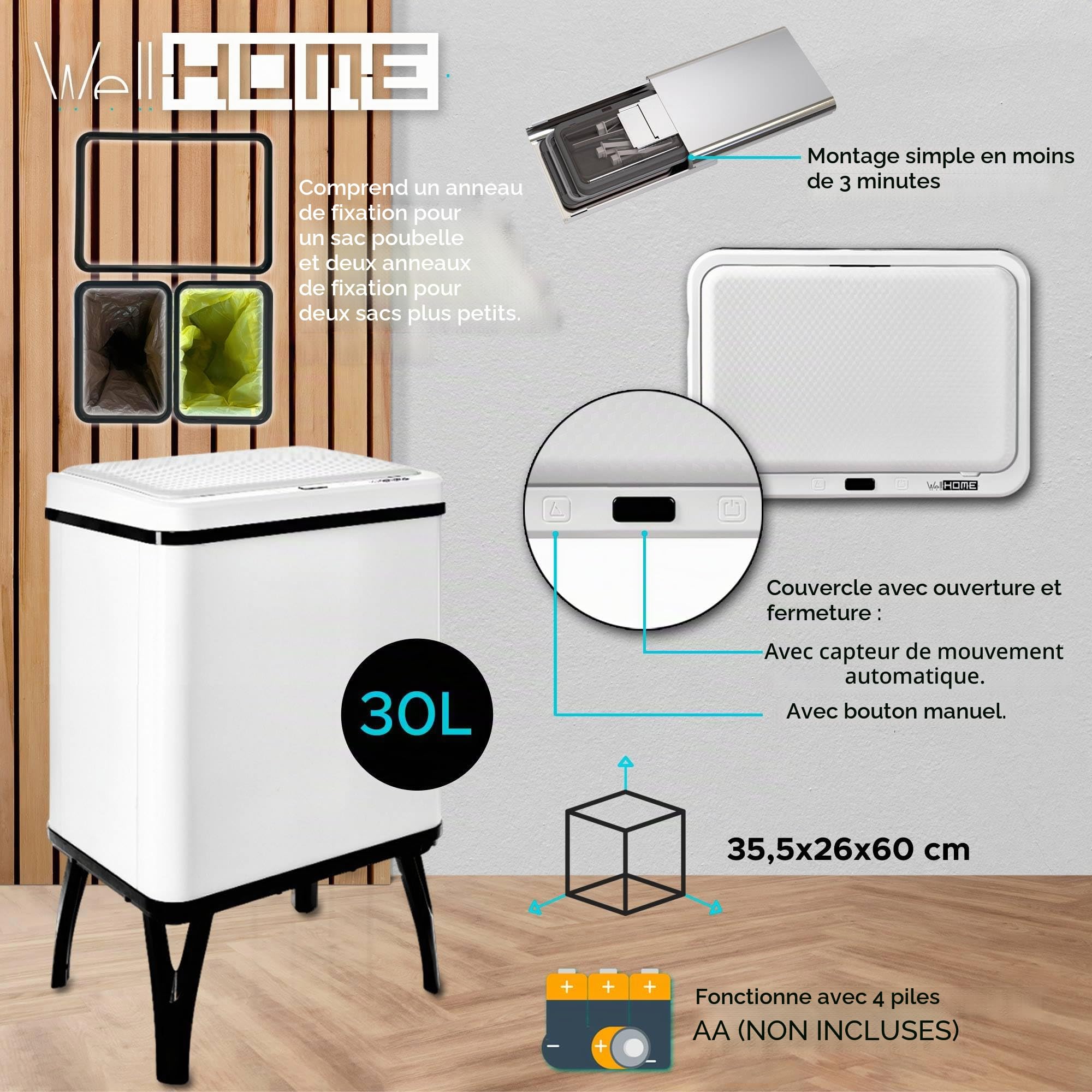 Well Home Poubelle intelligente pour recyclage avec ouverture automatique et contact manuel 15 l + 15 l 35,5 x 26 x 60 cm Blanc