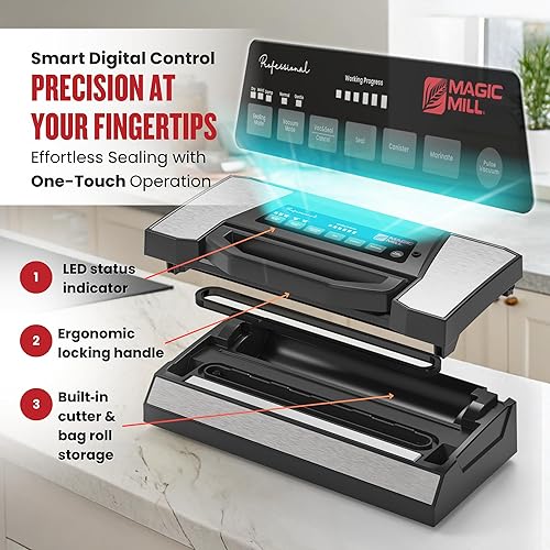 Vista 7 de Magic Mill Máquina selladora al vacío profesional profesional con nuevo mango de patente MVS-5181 para bolsas de alimentos, cuencos marinados