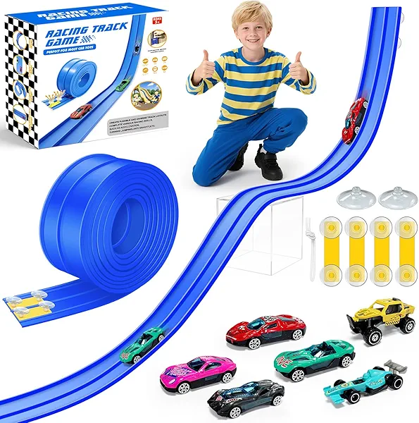 EFCRBS 15Ft Flex Track, Flexible Race Car Track for Kids Toy with 10 Suction Cups, Rolls Up Portable Racetrack Compatible with Hot Wheels & Diecast 1/64th Cars, Christmas Birthday Gifts for Boys(Blue)