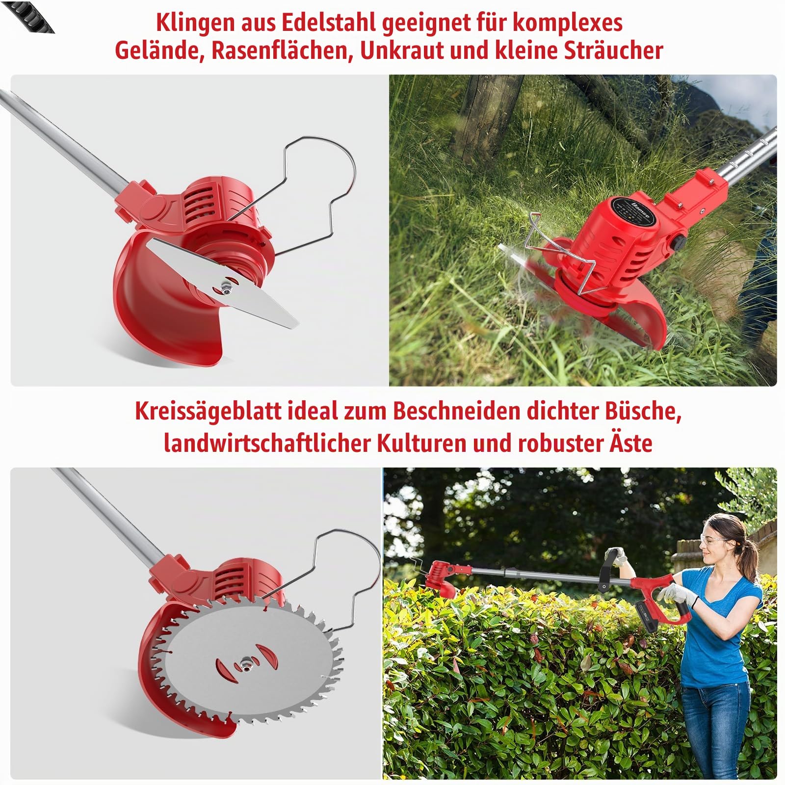 Bamse Rasentrimmer mit Akku – Akku Rasentrimmer, 11000 U/min, 2x2000mAh, Teleskopgriff 85–120cm, 2 Schneidköpfe – Freischneider Akku für Garten, Motorsense, Kantenschneider Rasen, Rot