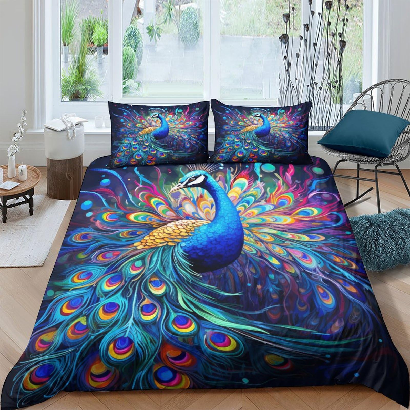 Housse de couette paon 3D king size en microfibre avec taies d'oreiller pour lit double
