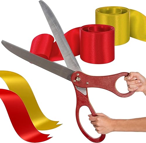 Miniatura 1 de Kit de ceremonia de gran apertura tijeras rojas gigantes de 25 pulgadas con cintas de satén rojas y doradas, kit de ceremonia de corte de cinta de