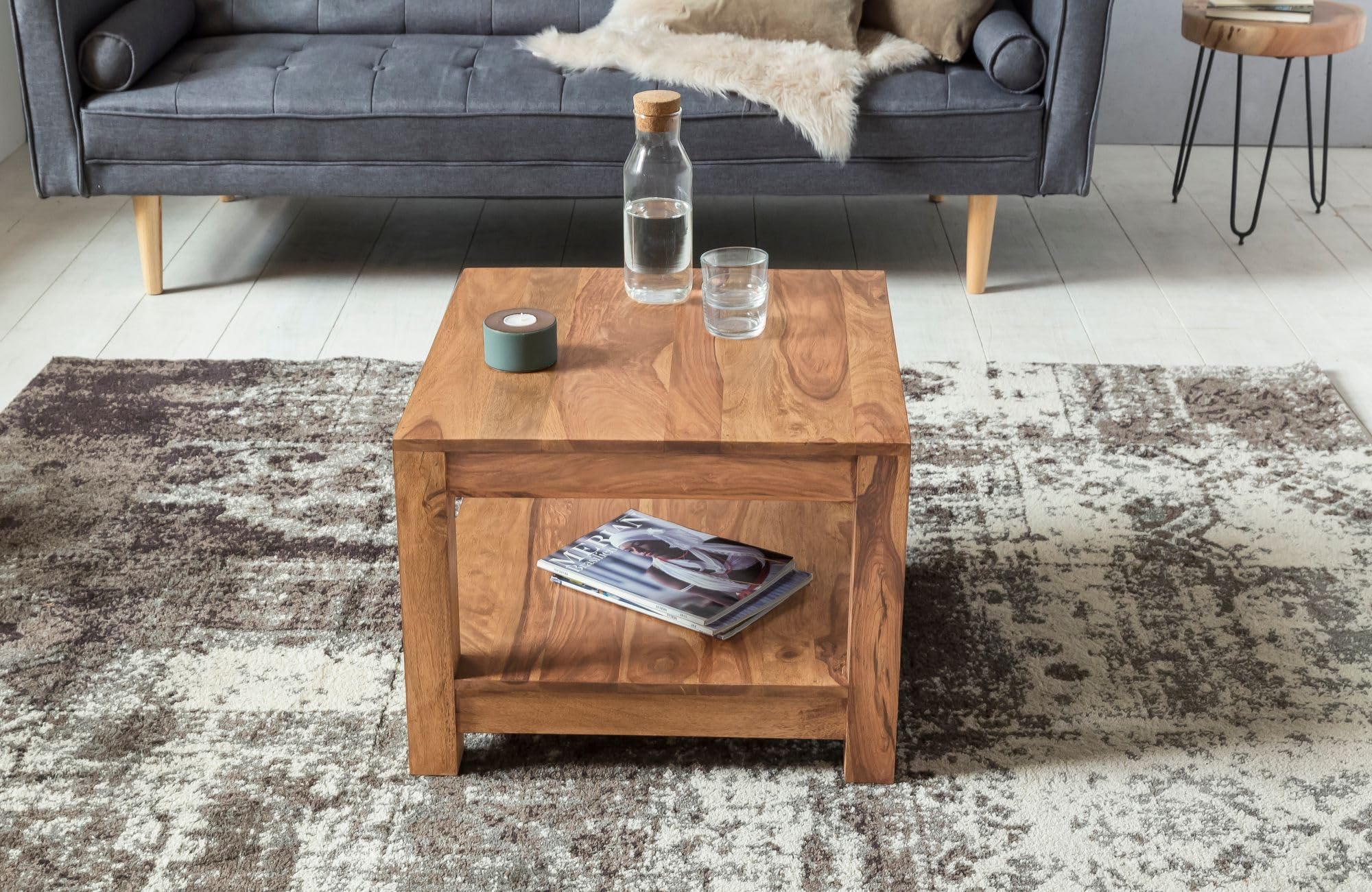 Wohnling Couchtisch Mumbai Massiv-Holz Akazie 60 x 60 cm Wohnzimmer-Tisch Design dunkel-braun Landhaus-Stil Beistelltisch