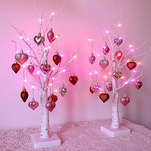 Decoración de árbol de abedul iluminado para el día de San Valentín, mesa pequeña de 24 pulgadas, decoración de árboles de luz LED artificiales con