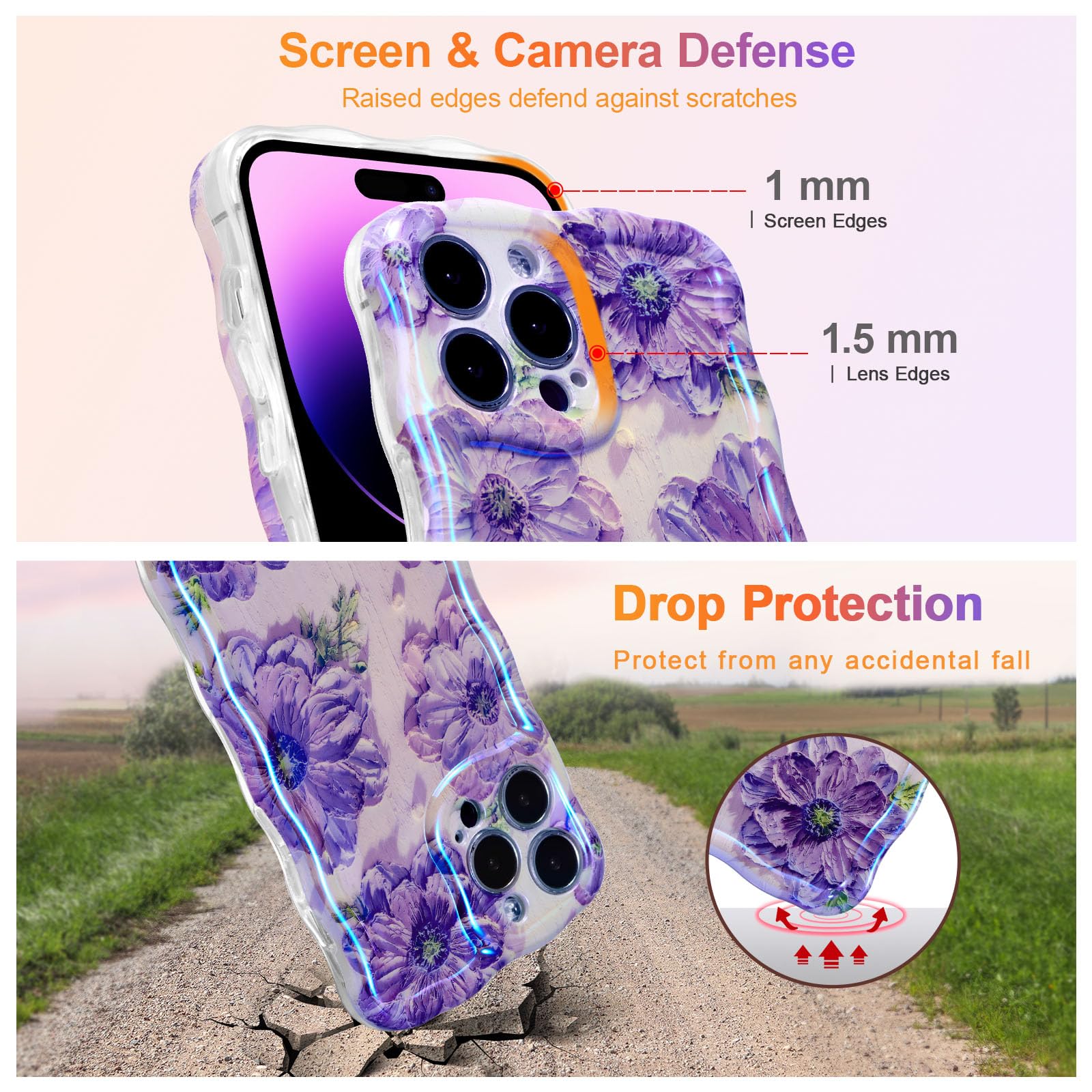 EYZUTAK Case For IPhone 14, Colorful Retro Oil Painting Printed Flower Laser Glossy Pattern Cute Curly Waves Border Exquisite Phone Cover Stylish - View #4