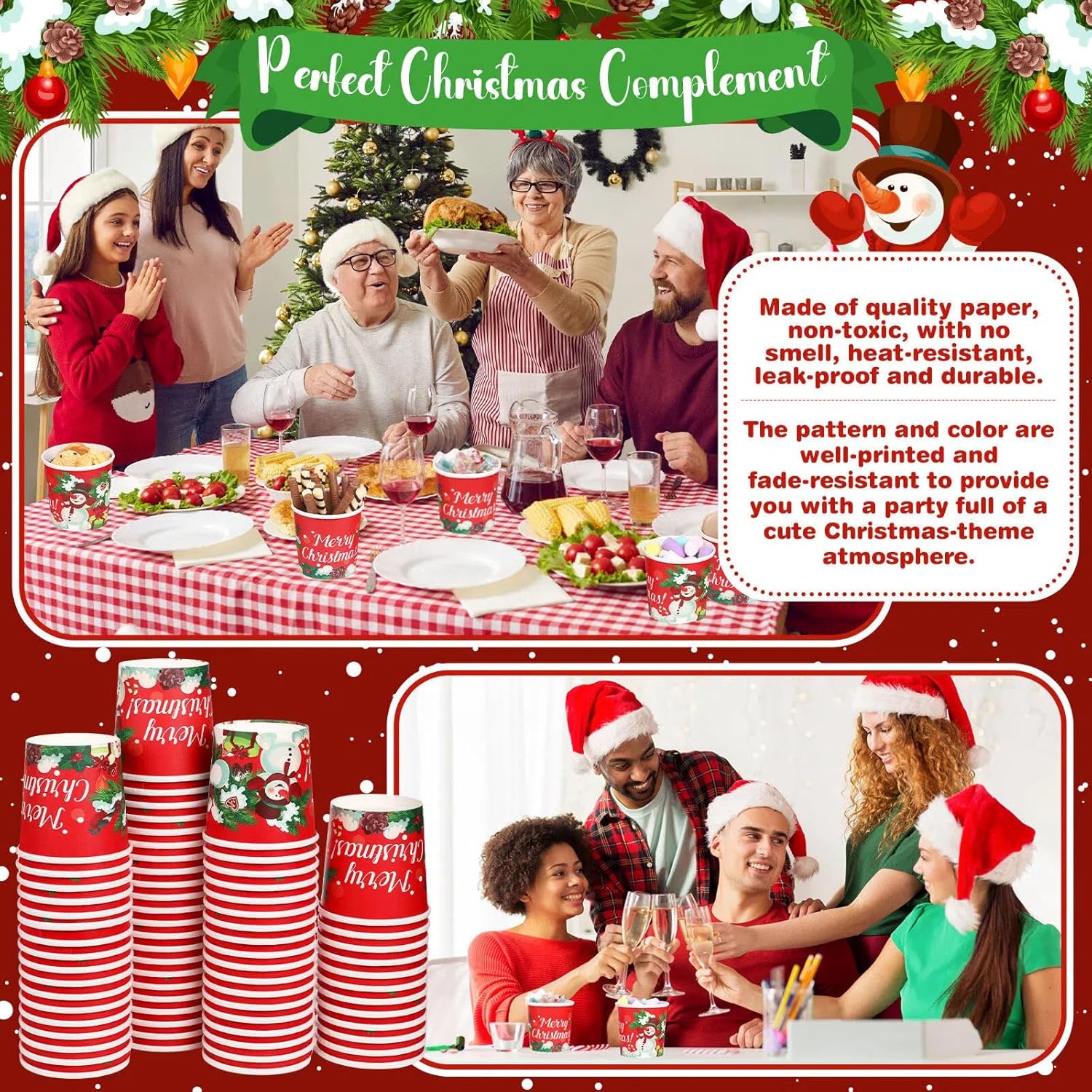 Yaomiao 180 Pcs 12 oz Christmas Snack Bowls Bulk Paper Bowls Disposable Christmas Cups for Holiday Dessert Ice Cream Treat Soup Sundae Hot or Cold Food Party Supplies Decorations