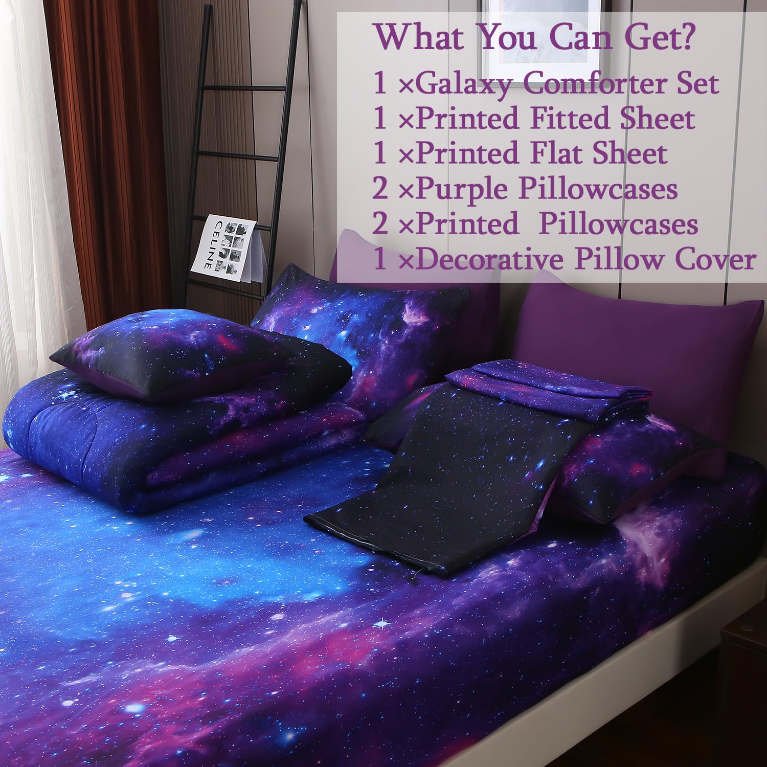 Toddler Bedding Set For Girls - 5 Piece Blue Purple Comforter With Sheets & Pillowcases | Bed In A Bag