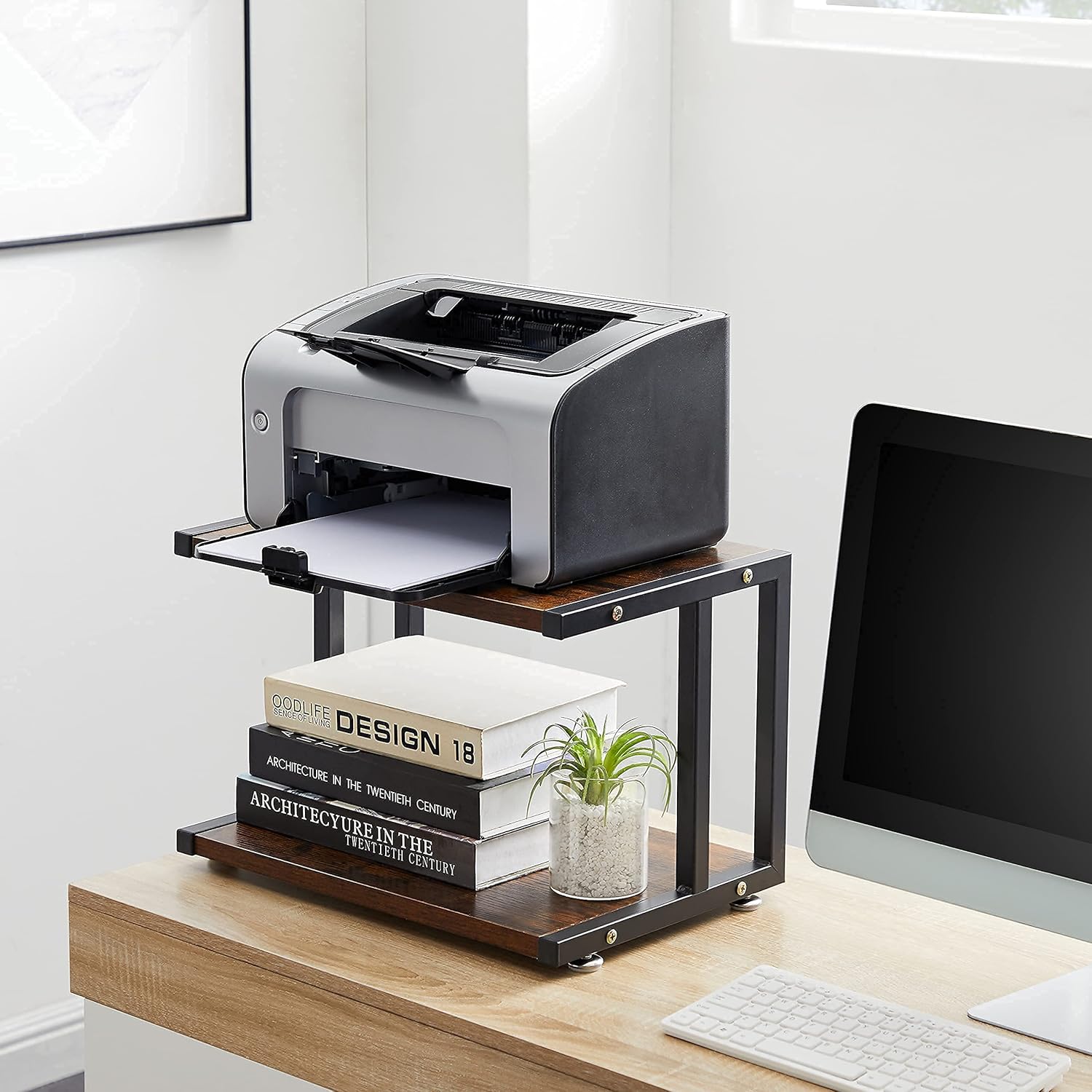 Printer Stand-2Layer Printer Stand Desktop Printer Storage Rack and Shelf Printer Stand With Paper Storage Can Be Widely Used As Printer Stand/Bookshelf/Desktop Storage Rack/Flower Pot Tray/Spice Rack : Office Products