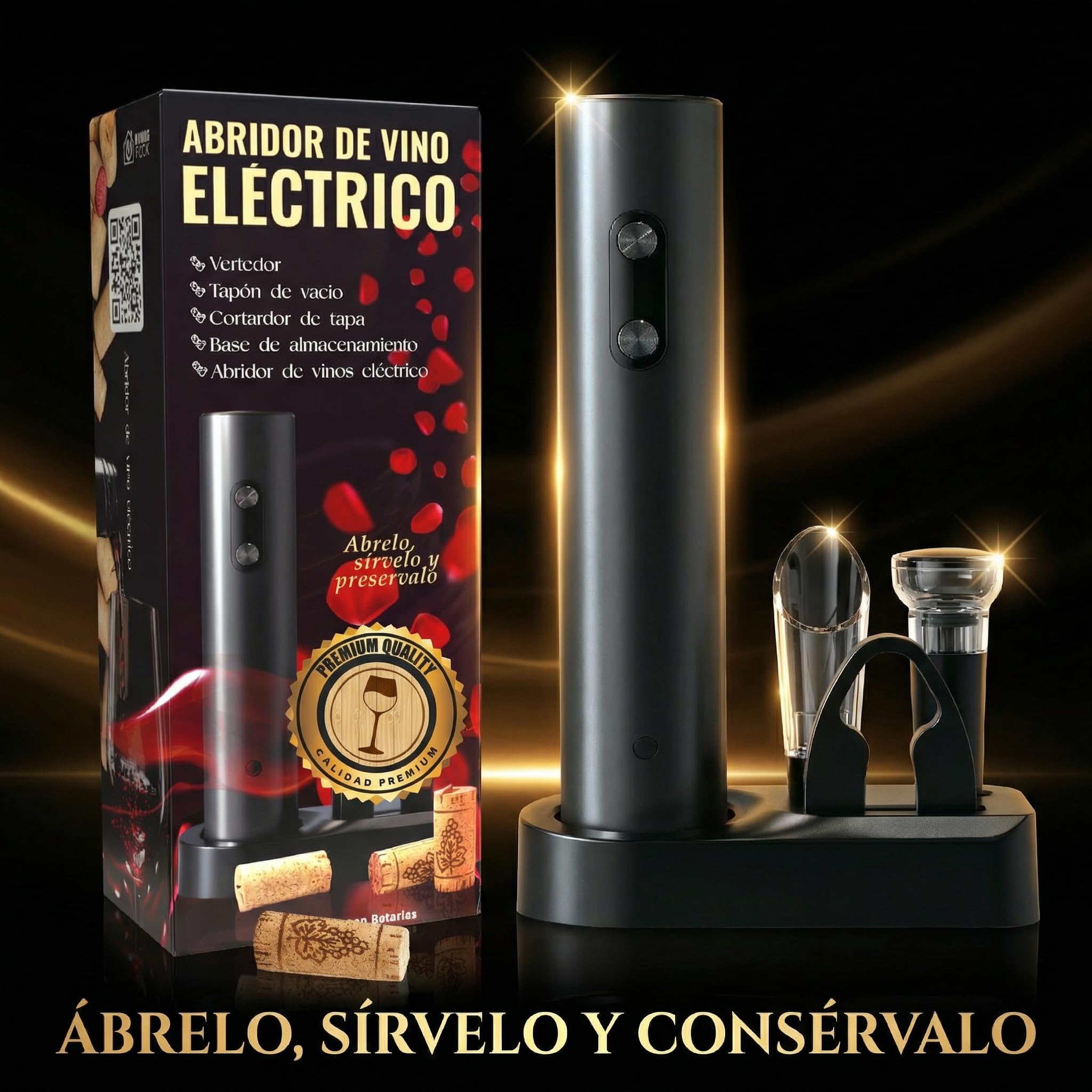 Sacacorchos eléctrico profesional con cortacápsulas, aireador y vertedor, Abridor de vino con base elegante, Regalos originales para hombre cumpleaños, Navidad o San Valentín, funciona con 4 pilas AA