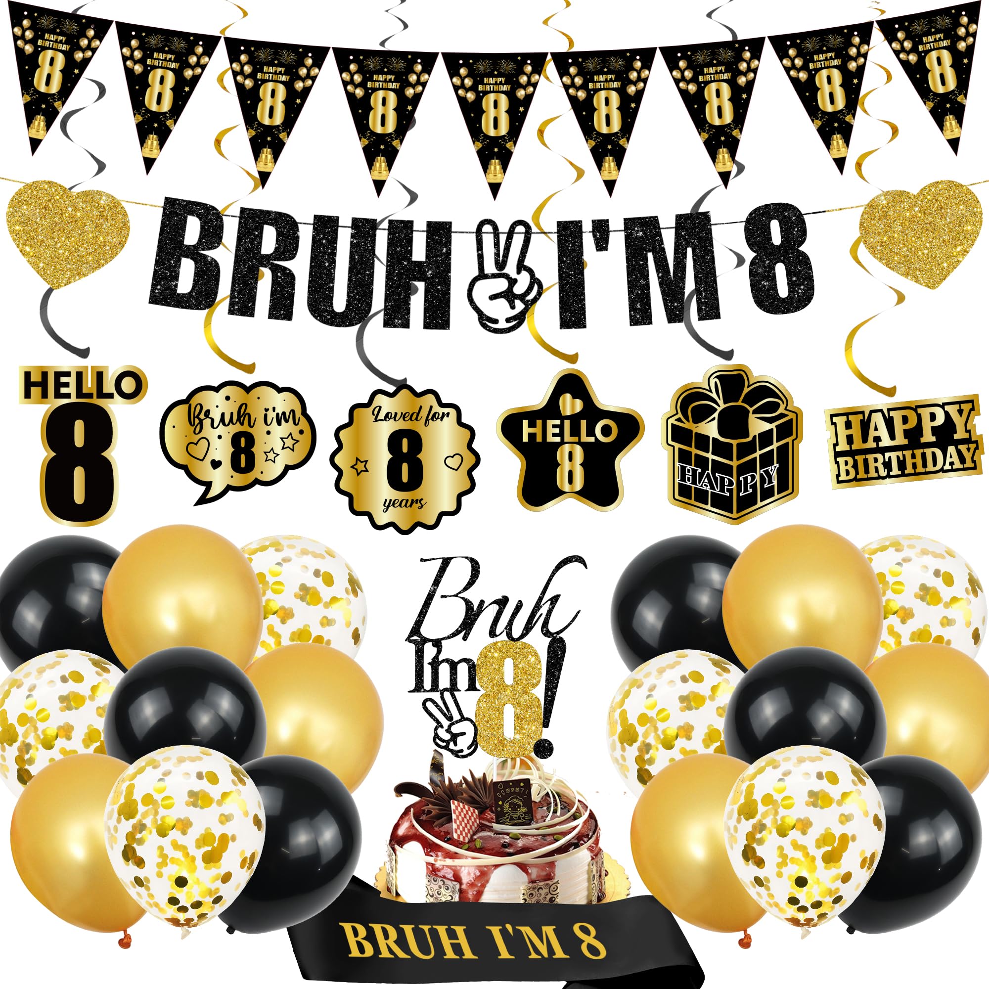 8th Birthday Decorations Balloons Boys - 28 Pcs Black Gold Bruh I'M 8 Banner Swirl Hangings Confetti Balloons Sash Cake Topper for Kids Boy 8 Years Old Birthday Party Decor Supplies