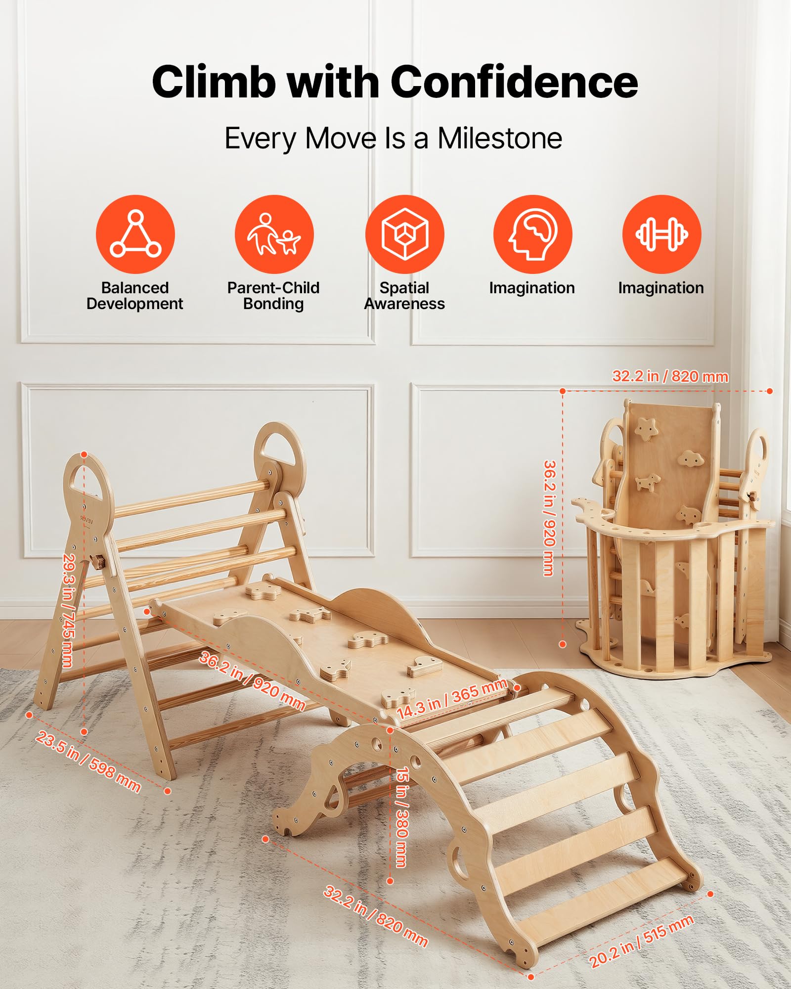 VEVOR Kletterdreieck, 9-in-1 Kletterspielzeug, mit Holzautos, Kissen, Kletterdreieck, Rutsche & Kletterbogen, bis 68 kg Belastbar, Montessori Indoor Spielset für Kinder im Alter von 1 bis 3 Jahren