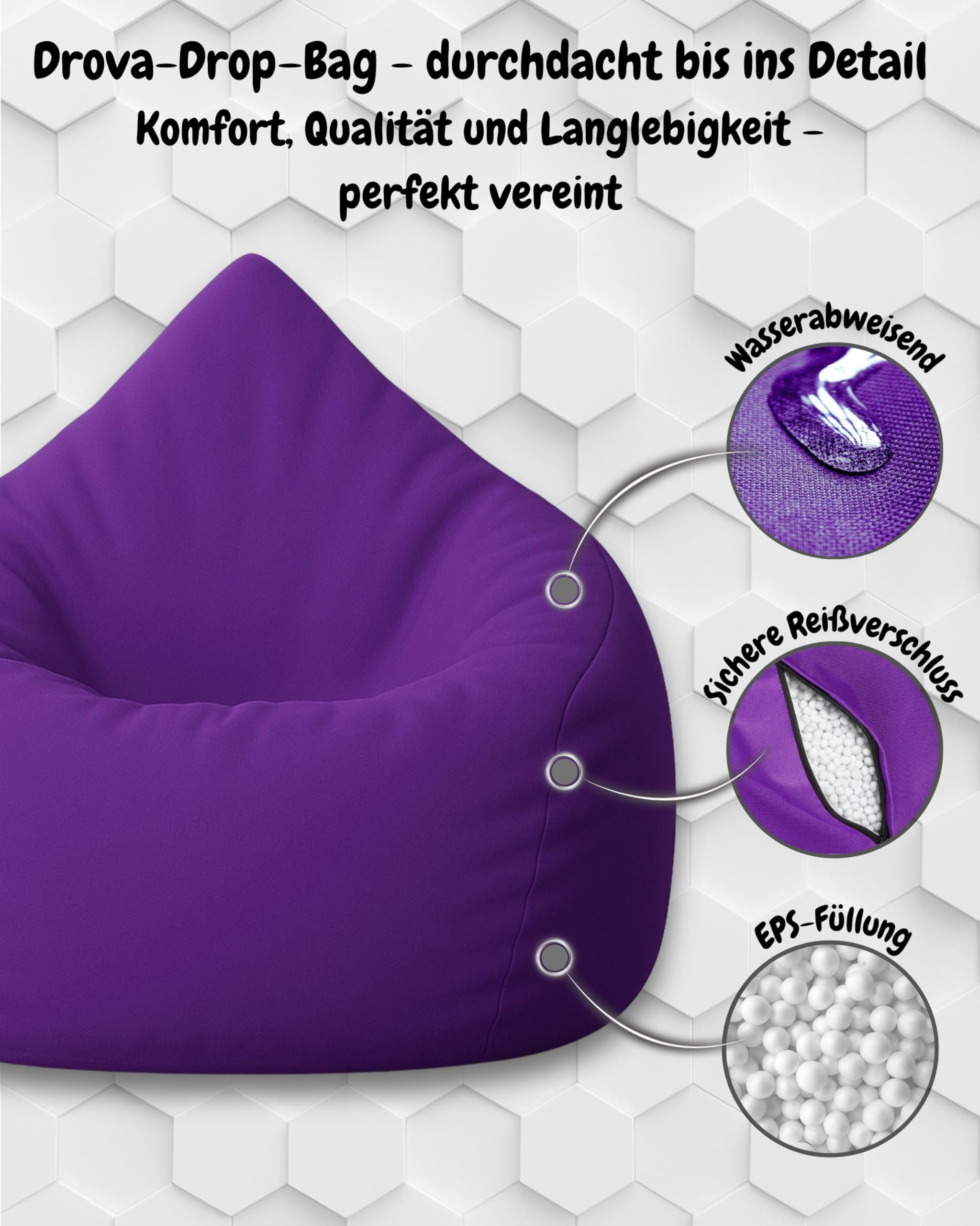 Patchhome Pouf a forma di goccia con chiusura lampo ricaricabile – per interni ed esterni – con imbottitura in polistirolo – disponibile in 3 misure XL – altezza 105 cm, diametro 65 cm viola