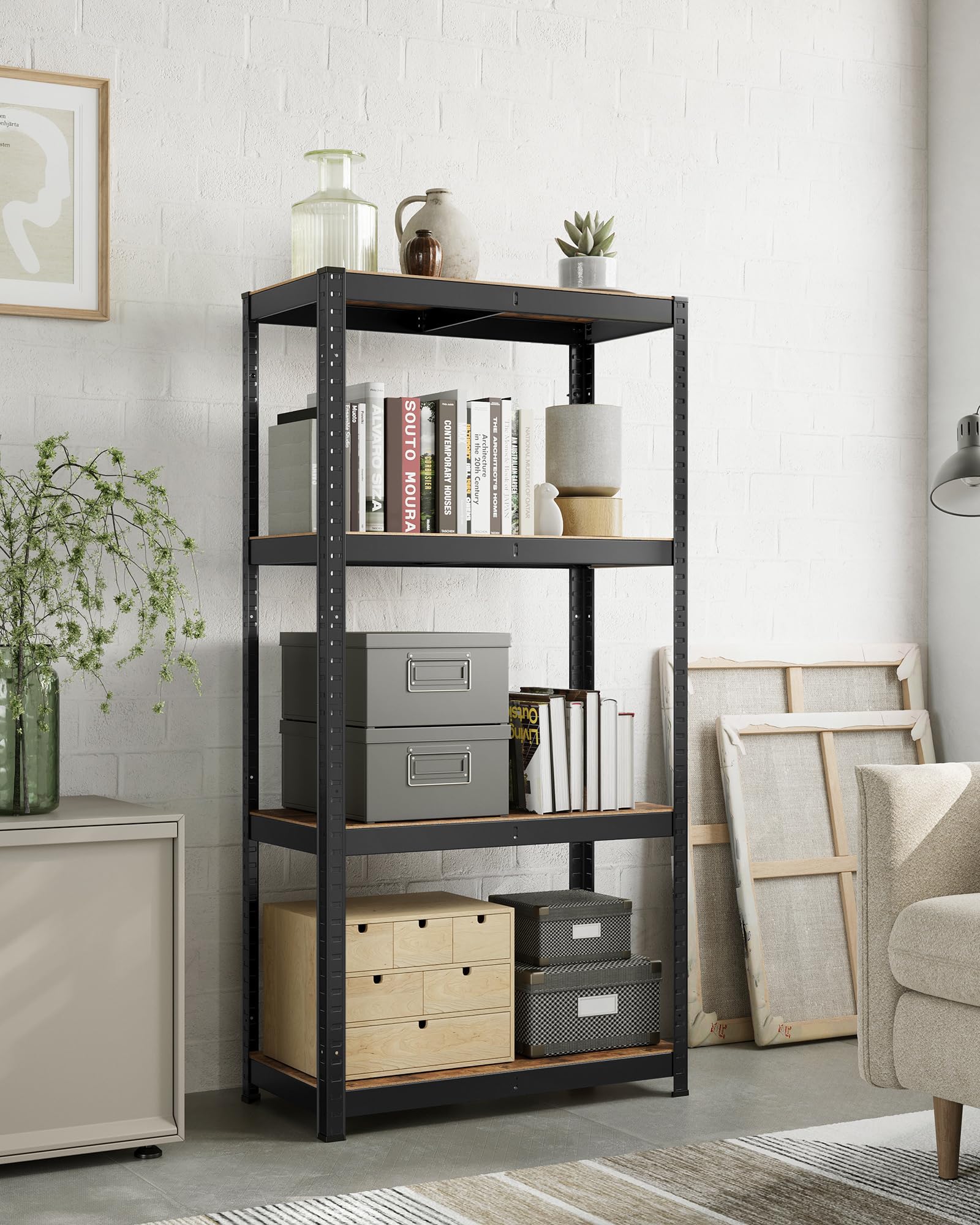 SONGMICS Standregal, Bücherregal, Lagerregal, 4 Ablagen, verstellbar, 40 x 80 x 160 cm, bis 520 kg belastbar, für Küche, Wohnzimmer, vintagebraun-schwarz GLR044B11
