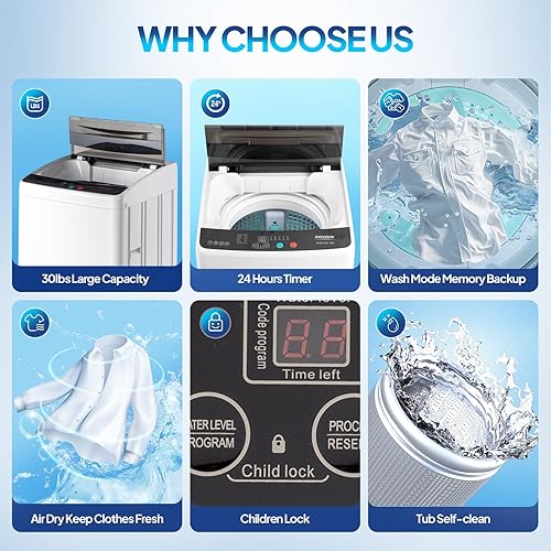 Miniatura 6 de ROVSUN Lavadora de 30 libras, lavadora portátil completamente automática con tambor de acero inoxidable, lavadora eléctrica, lavadora y secadora