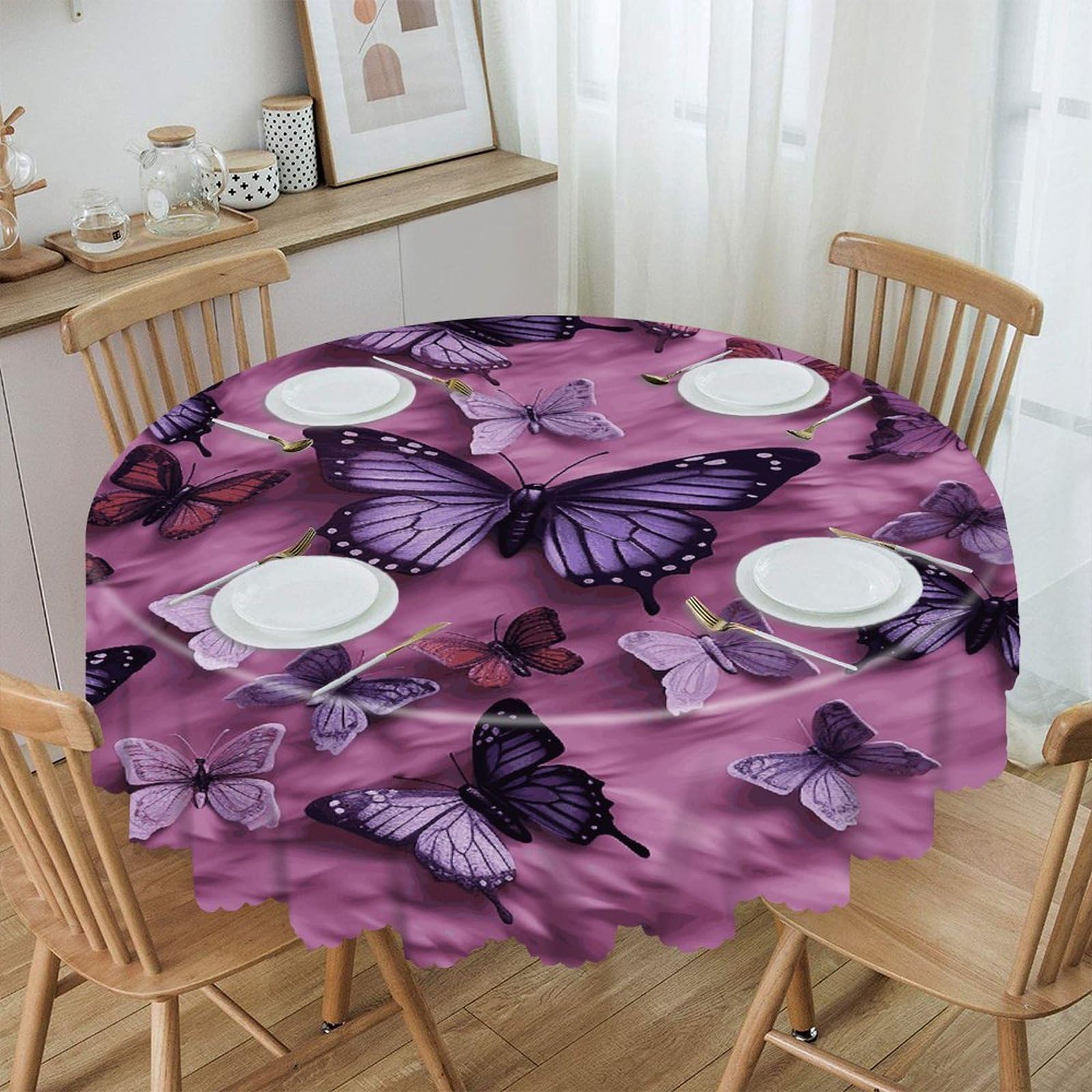 VstaDank All Butterflies are on Purple Background Round Tablecloth 60 Inch Easy to Clean Circle Table Cover Thick Decorative Round Polyester Table Cloth for Dining Kitchen Party Farmhouse Outdoor
