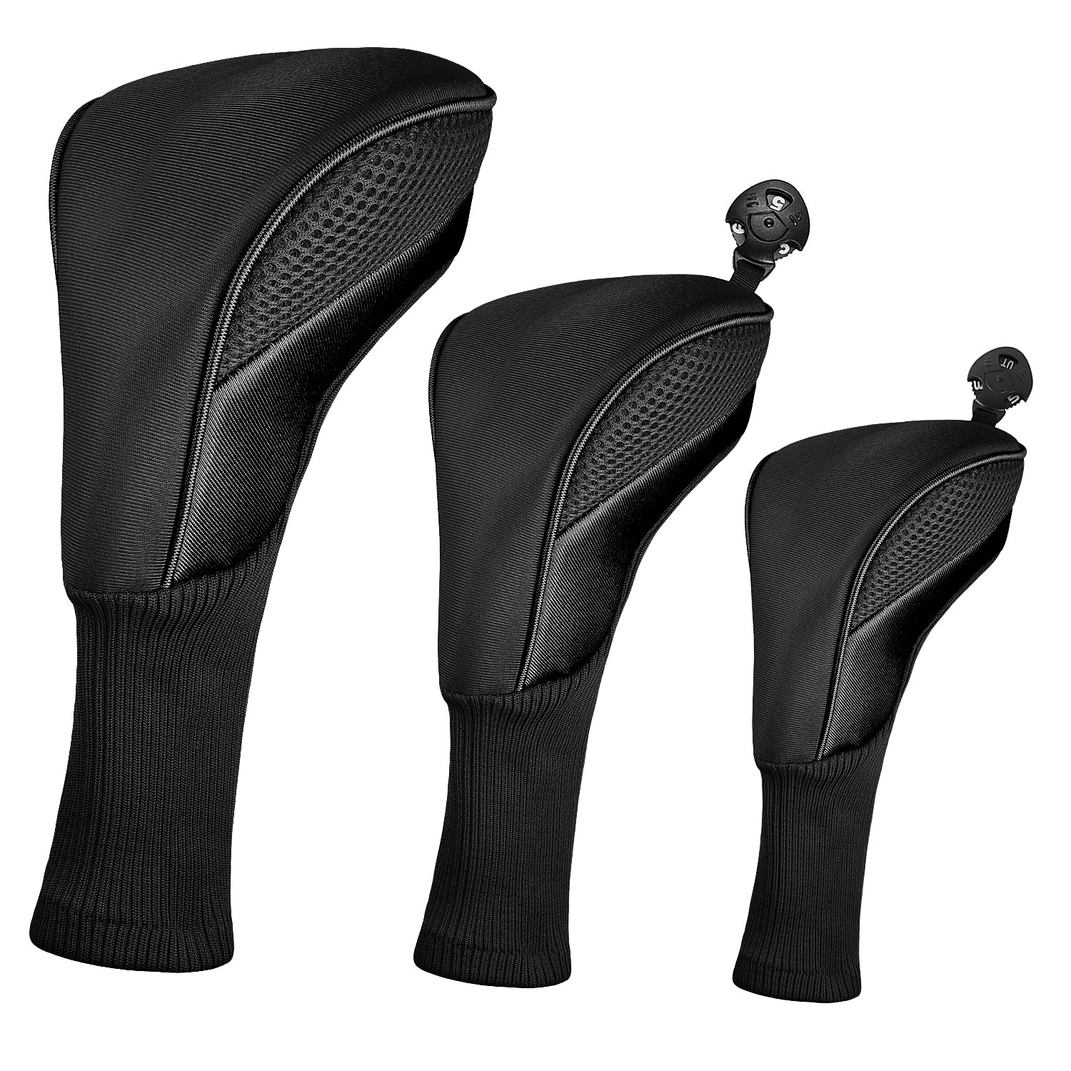 SHABIER 3Pcs/Set Golf Wood Club Headcover Golf Driver Fairway Hybird Wood Cover (Black)