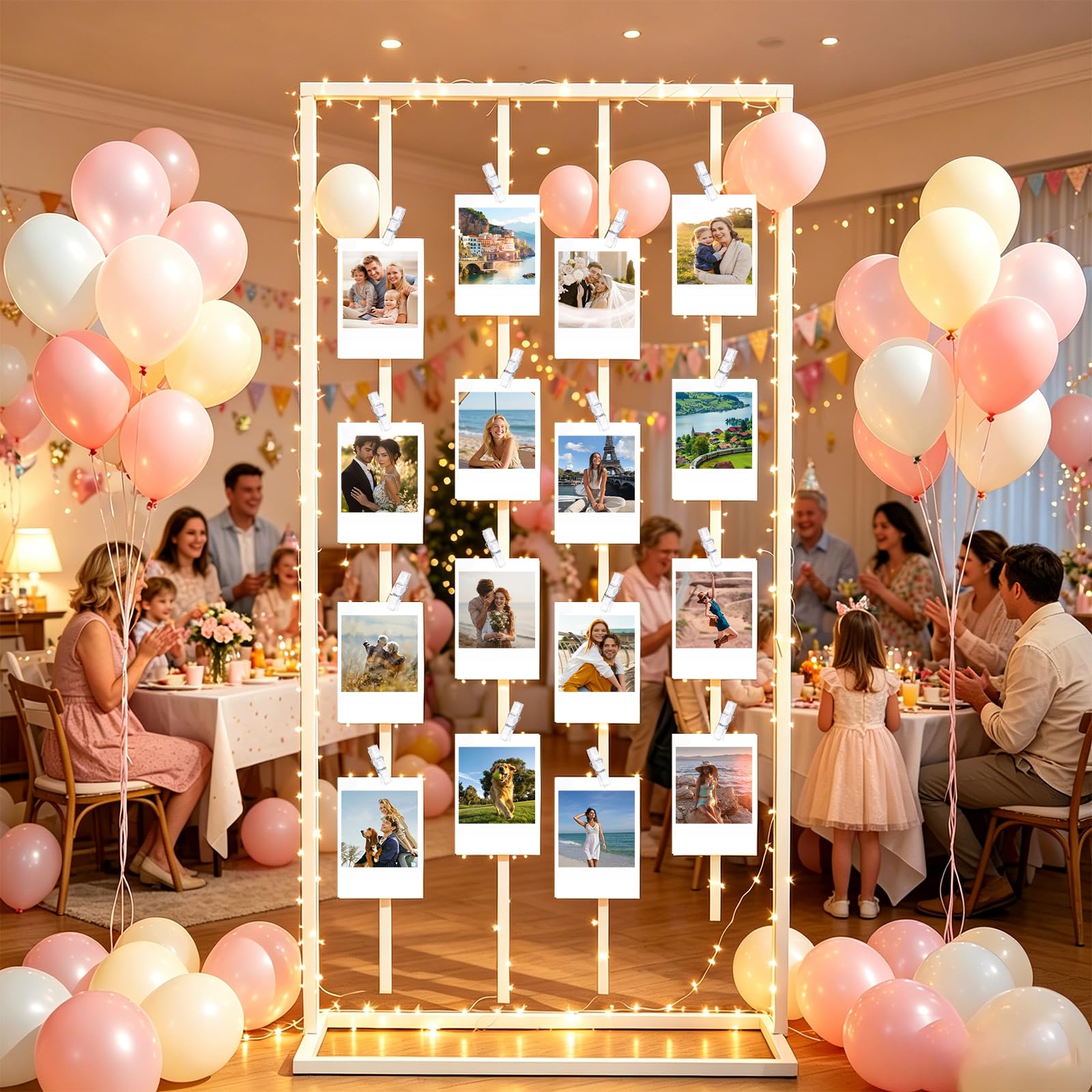 178 cm große Foto-Anzeigetafel mit 40 transparenten Clips und Band, Metall-Collage-Bilderrahmen, hängende Wanddekoration, Bilder-Organizer für Hochzeit, Abschlussfeier, Party, Grußkarten, Heimbüro